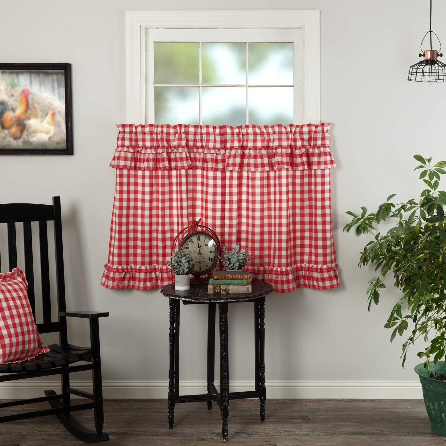 VHC Brands Annie Buffalo Check Cotton Farmhouse Kitchen Curtains Rod Pocket Hanging Loops Ruffling 36x36 Tier Pair, Red Country