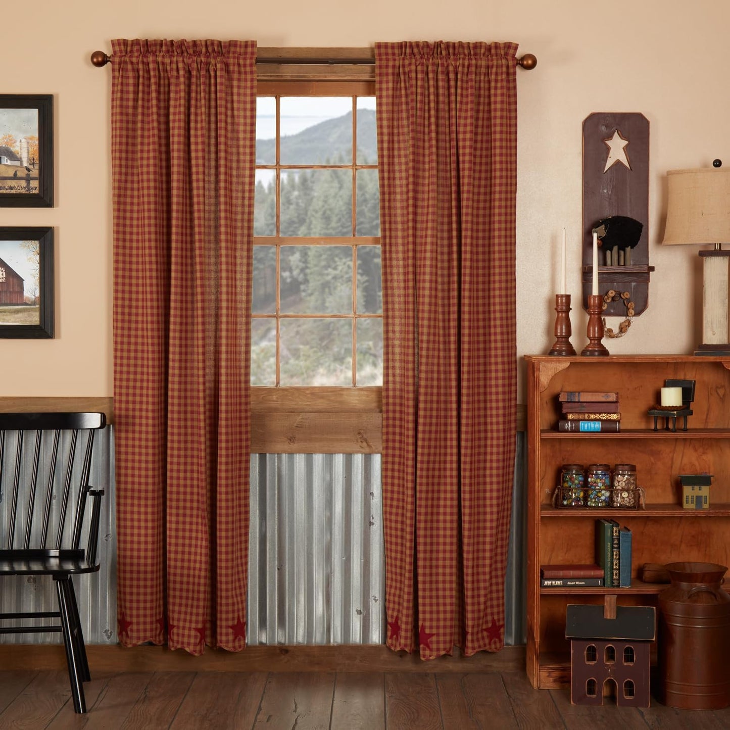 VHC Brands Black Check Scalloped Short Panel Set of 2 63x36 Country Curtains, Black and Tan