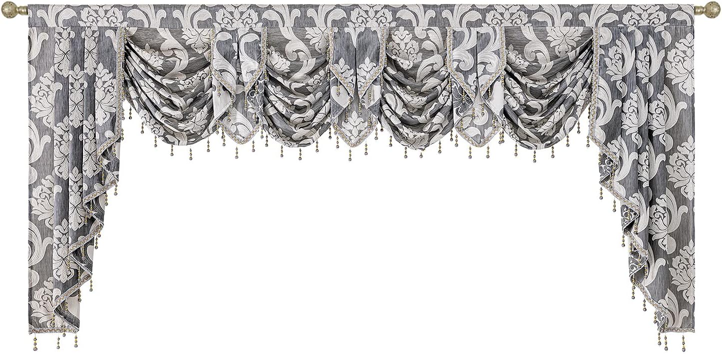 NAPEARL Jabot Curtains Valances and Swags-European Style Kitchen Window Valance, Luxury Jacquard Waterfall Valance Curtains for Living Room (1 Black Valance, 81-Inch Wide)