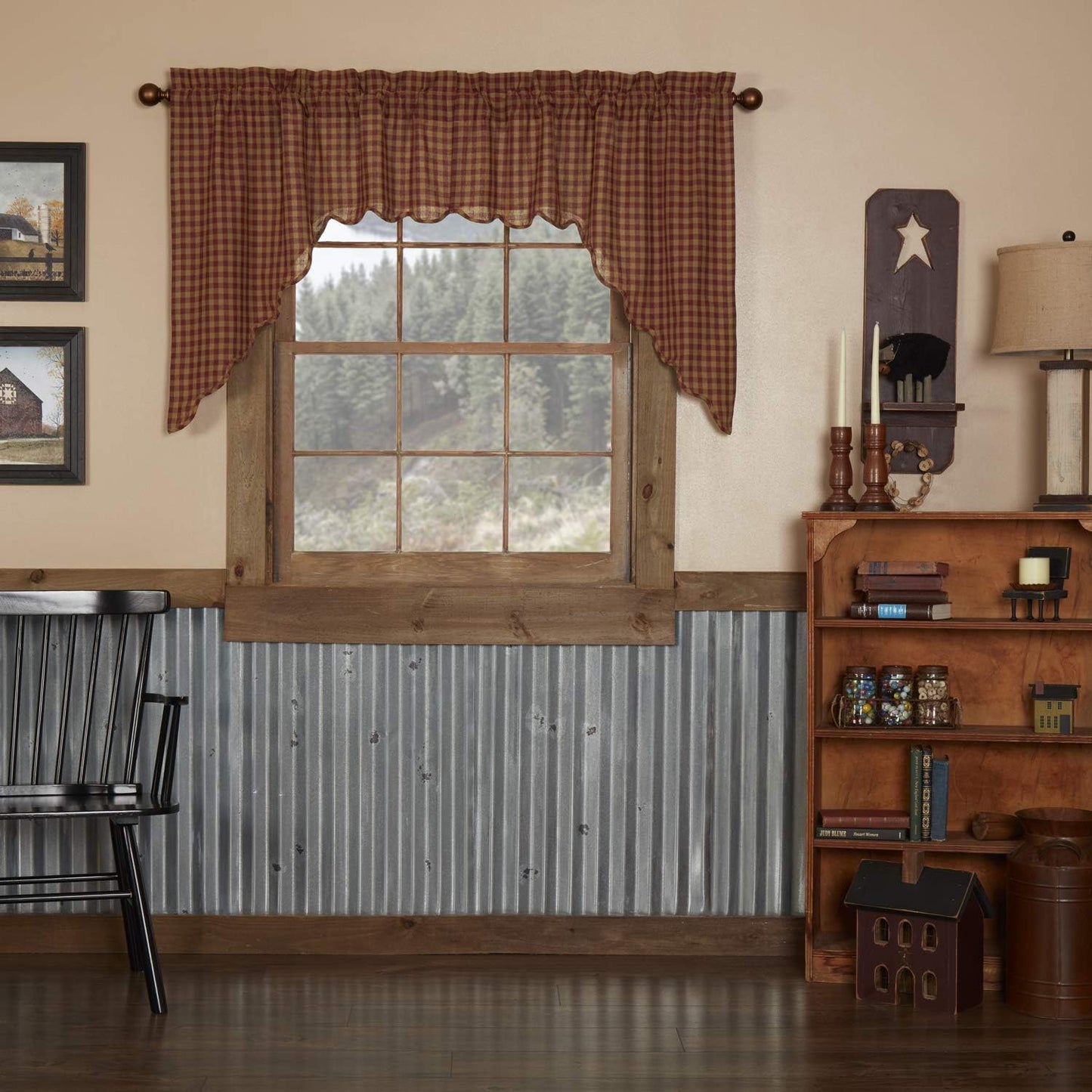 VHC Brands Black Check Scalloped Short Panel Set of 2 63x36 Country Curtains, Black and Tan