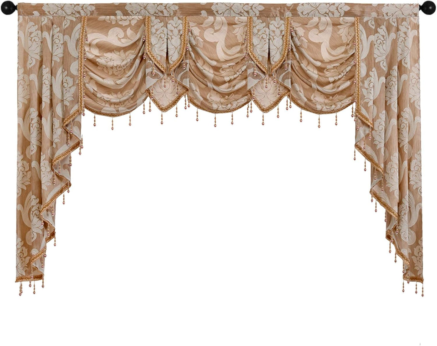 NAPEARL Jabot Curtains Valances and Swags-European Style Kitchen Window Valance, Luxury Jacquard Waterfall Valance Curtains for Living Room (1 Black Valance, 81-Inch Wide)
