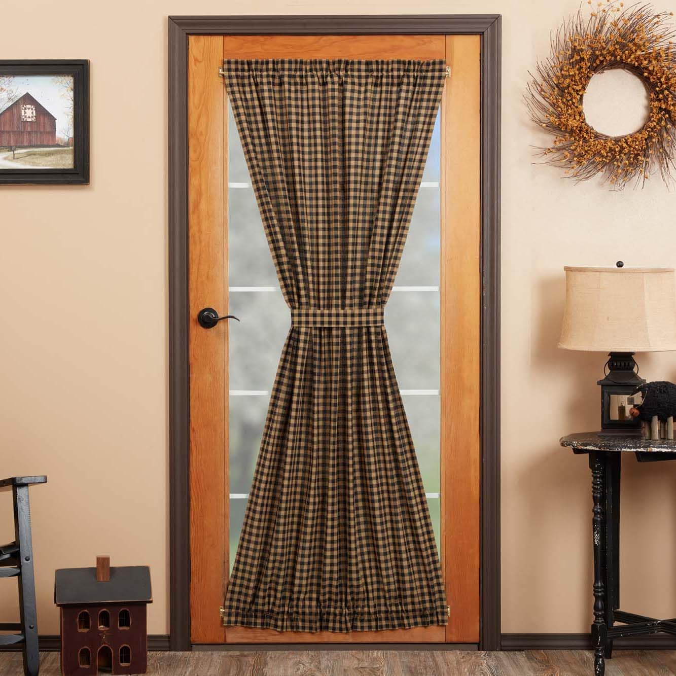 VHC Brands Black Check Scalloped Short Panel Set of 2 63x36 Country Curtains, Black and Tan