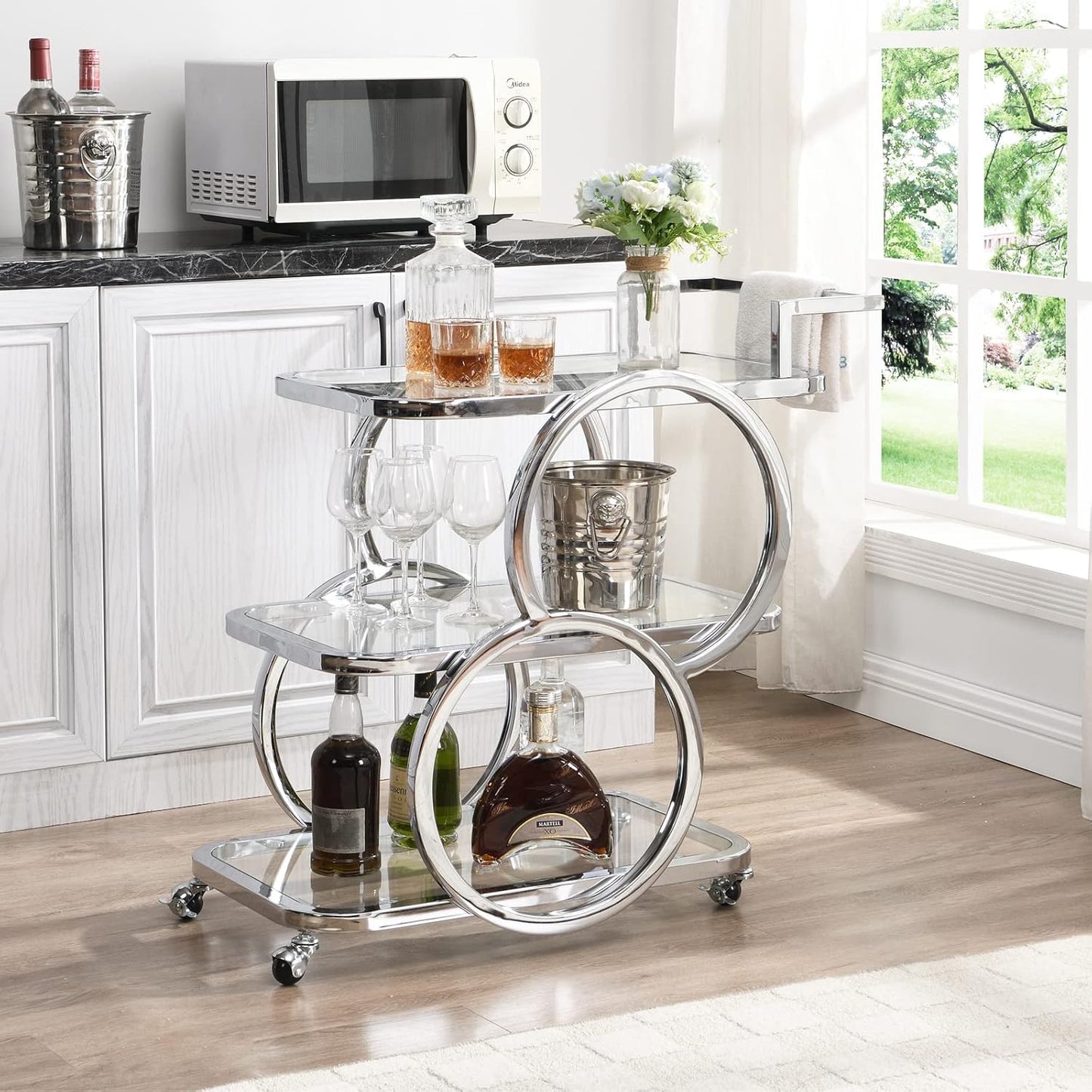 Home Bar Serving Carts 3 Tier Kitchen Carts on Wheels Mobile Bar Carts for Home Kitchen Dining Room Living Room Party, Chrome