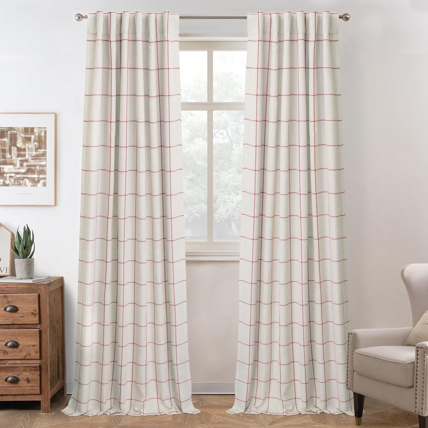 DriftAway 2 Panels 100% Blackout Windowpane Plaid Linen Curtains Double Layer Drapes for Bedroom 90 Inches Long Farmhouse Thermal Insulated 3.25 Inch Rod Pocket Back Tab for Living Room Black