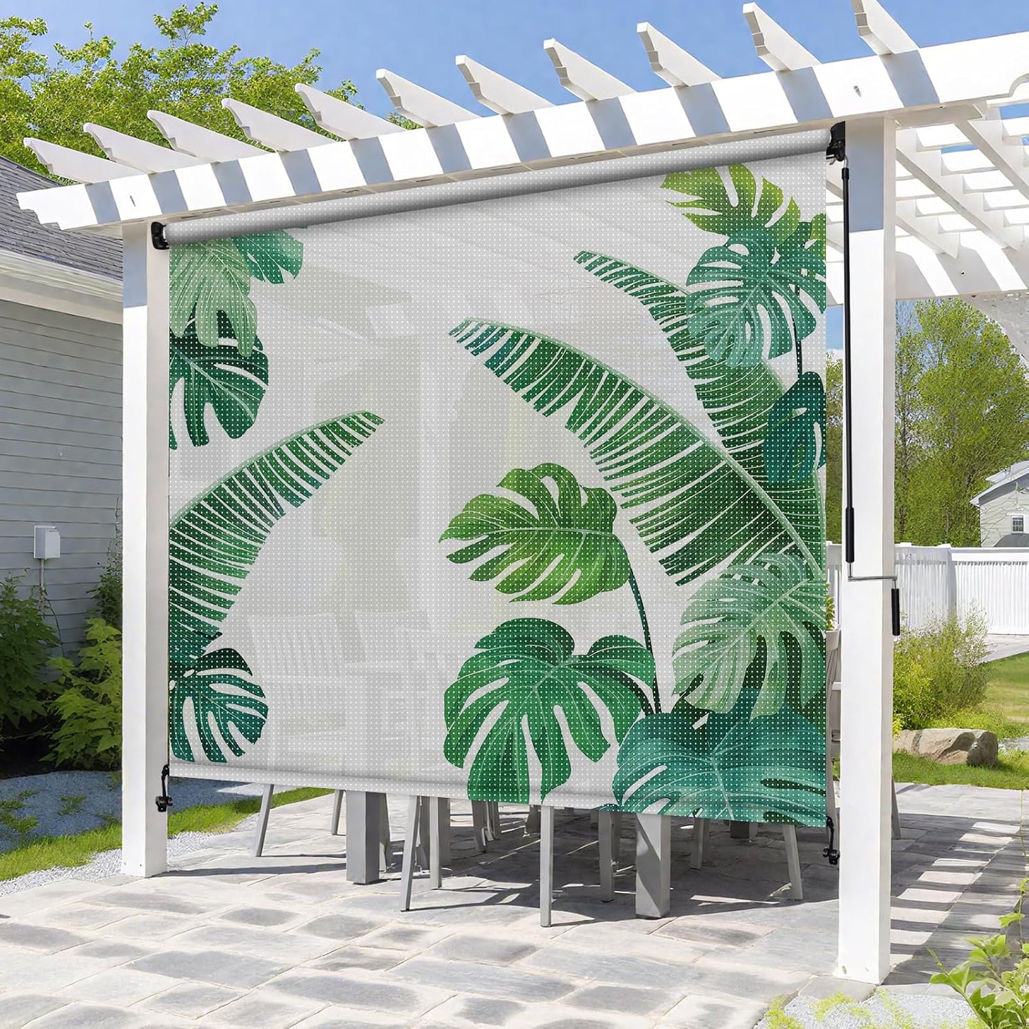 Artpuch Outdoor Roller Shade 8' W x 8' H, Gray Exterior Cordless Patio Shades Roll Up Blinds with Splicing Design, 2 Poles and 1 Piece Fabric