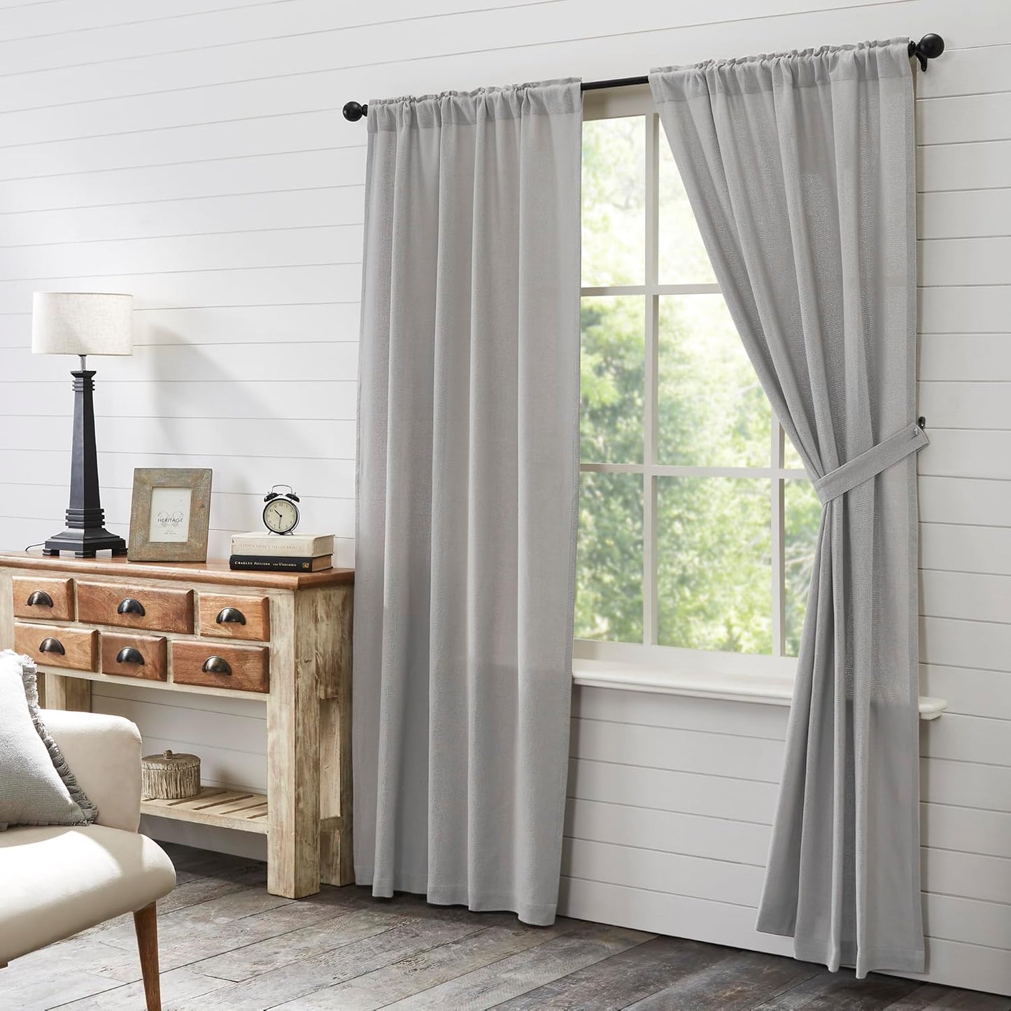 VHC Brands Black Check Scalloped Short Panel Set of 2 63x36 Country Curtains, Black and Tan