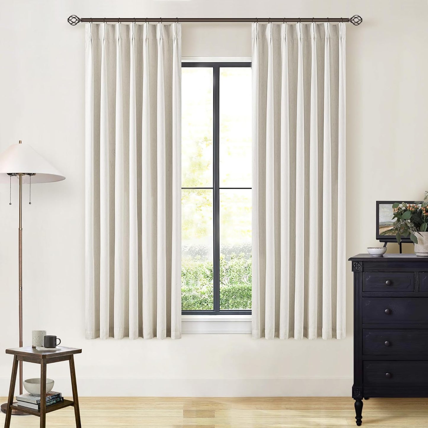 Beige Blackout Cafe Curtains 45 Inch Length 2 Panel Set Pinch Pleated Back Tab Linen Blend Black Out Short Curtains Boho Farmhouse Thermal Insulated Small Window Drapes for Bathroom Kitchen RV