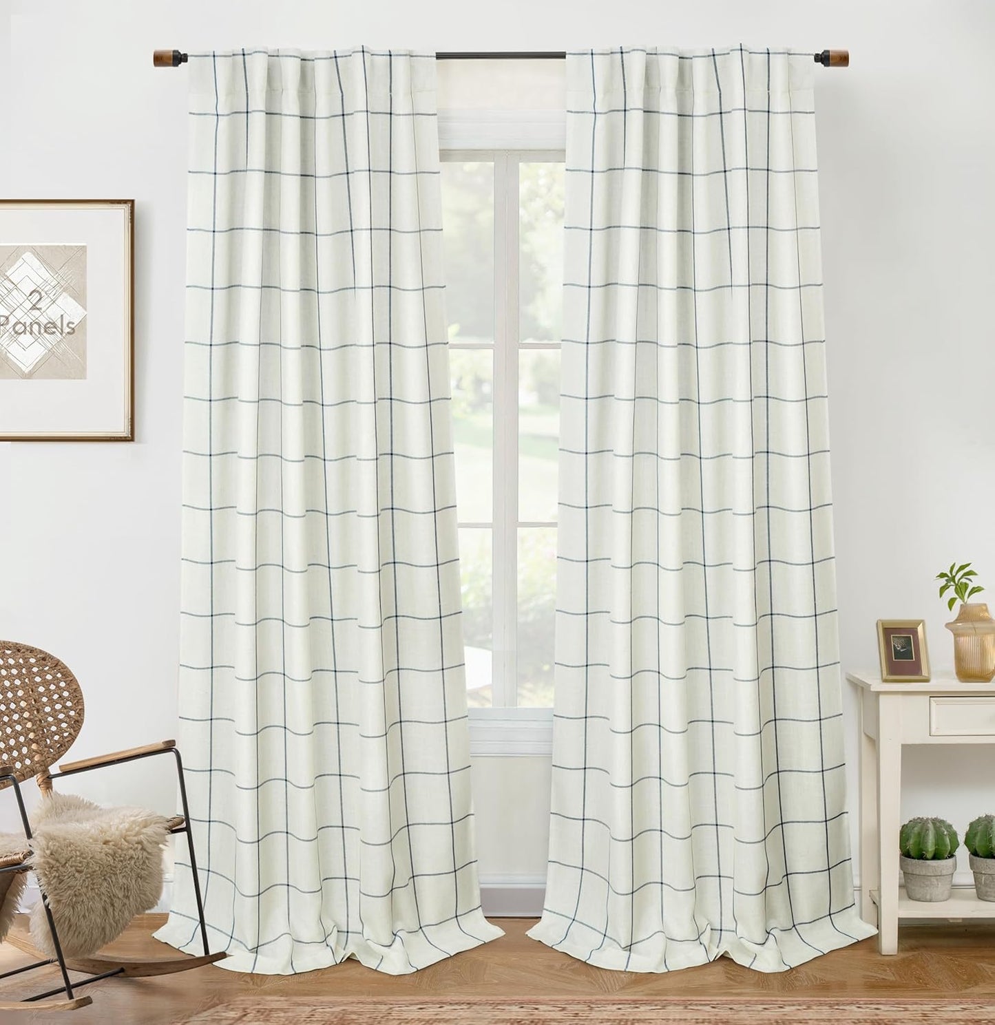 DriftAway 2 Panels 100% Blackout Windowpane Plaid Linen Curtains Double Layer Drapes for Bedroom 90 Inches Long Farmhouse Thermal Insulated 3.25 Inch Rod Pocket Back Tab for Living Room Black