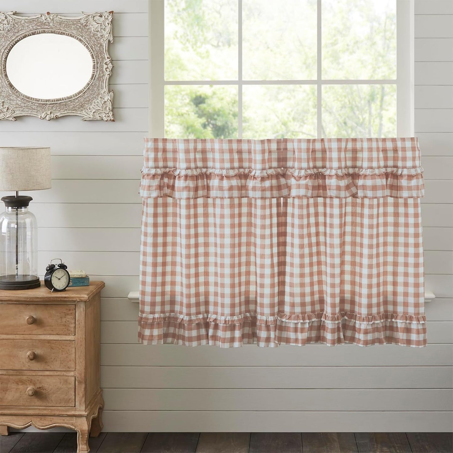 VHC Brands Annie Buffalo Check Cotton Farmhouse Kitchen Curtains Rod Pocket Hanging Loops Ruffling 36x36 Tier Pair, Red Country