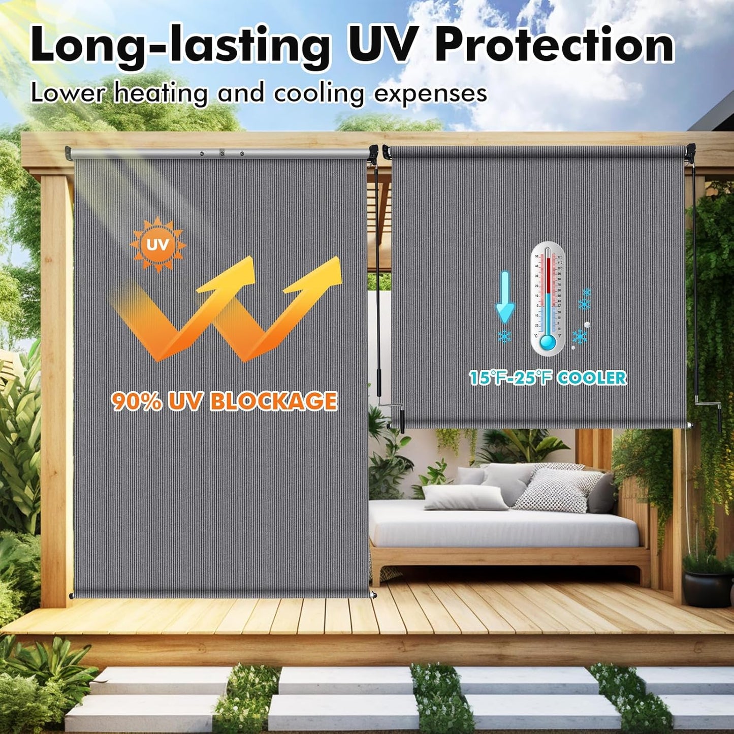 Artpuch Outdoor Roller Shade 8' W x 8' H, Gray Exterior Cordless Patio Shades Roll Up Blinds with Splicing Design, 2 Poles and 1 Piece Fabric