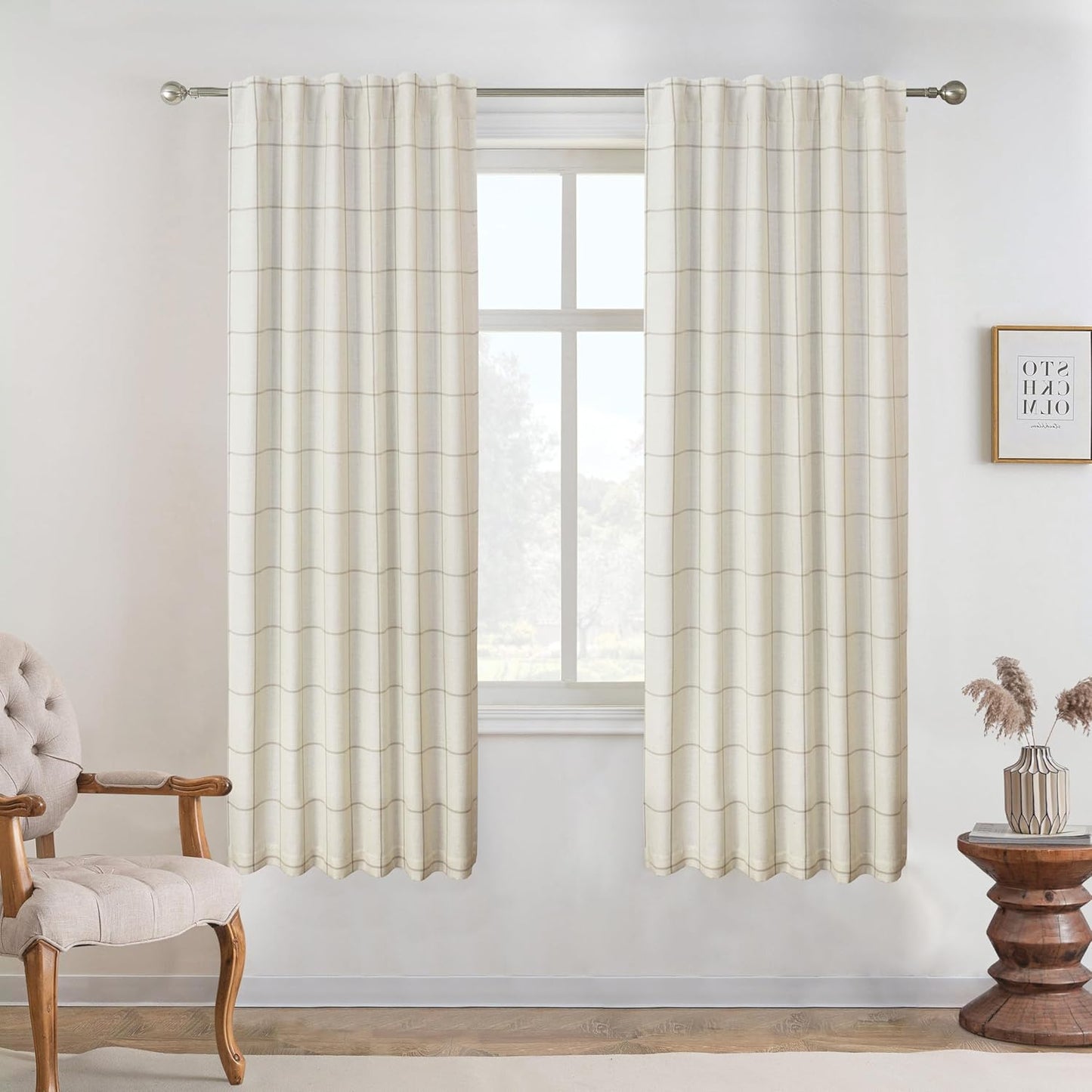 DriftAway 2 Panels 100% Blackout Windowpane Plaid Linen Curtains Double Layer Drapes for Bedroom 90 Inches Long Farmhouse Thermal Insulated 3.25 Inch Rod Pocket Back Tab for Living Room Black