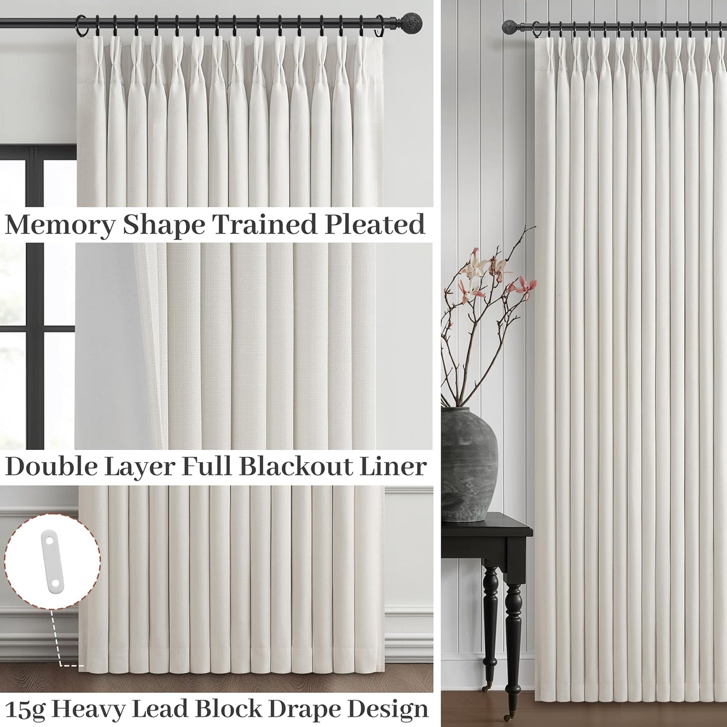Pinch Pleated Off Beige White Mini Curtains 63 Inch Length 2 Panels Set for Kitchen Windows, Cute Blackout Two Layer Thick Linen Blend Light Blocking Drapes Back Tab for Laundry Room 63 Inches Curtain