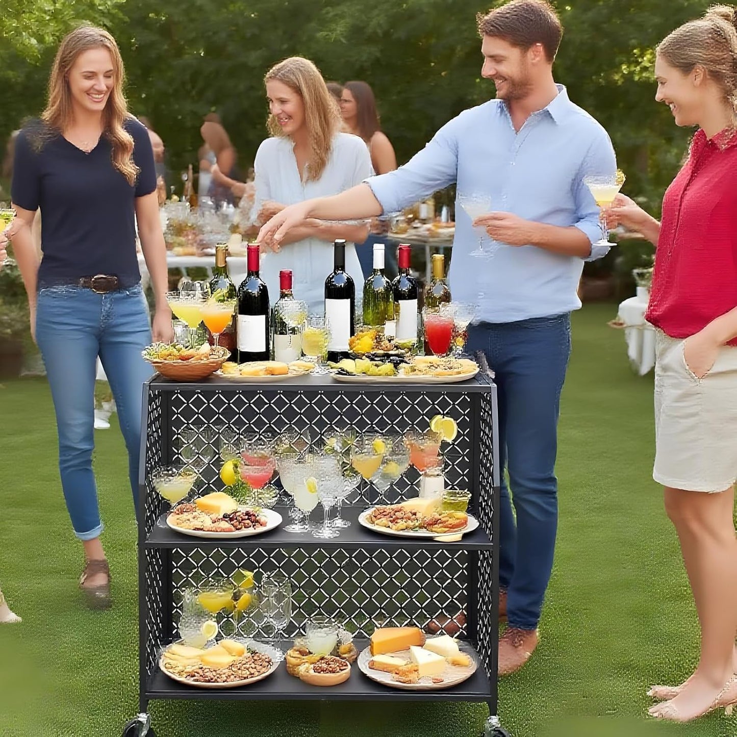 Portable Bar Table, 3-Tier Bar Cart with Wheels, Mobile Bartending Station for Events, Indoor and Outdoor, for Home、Party 、Wedding, Easy to Install