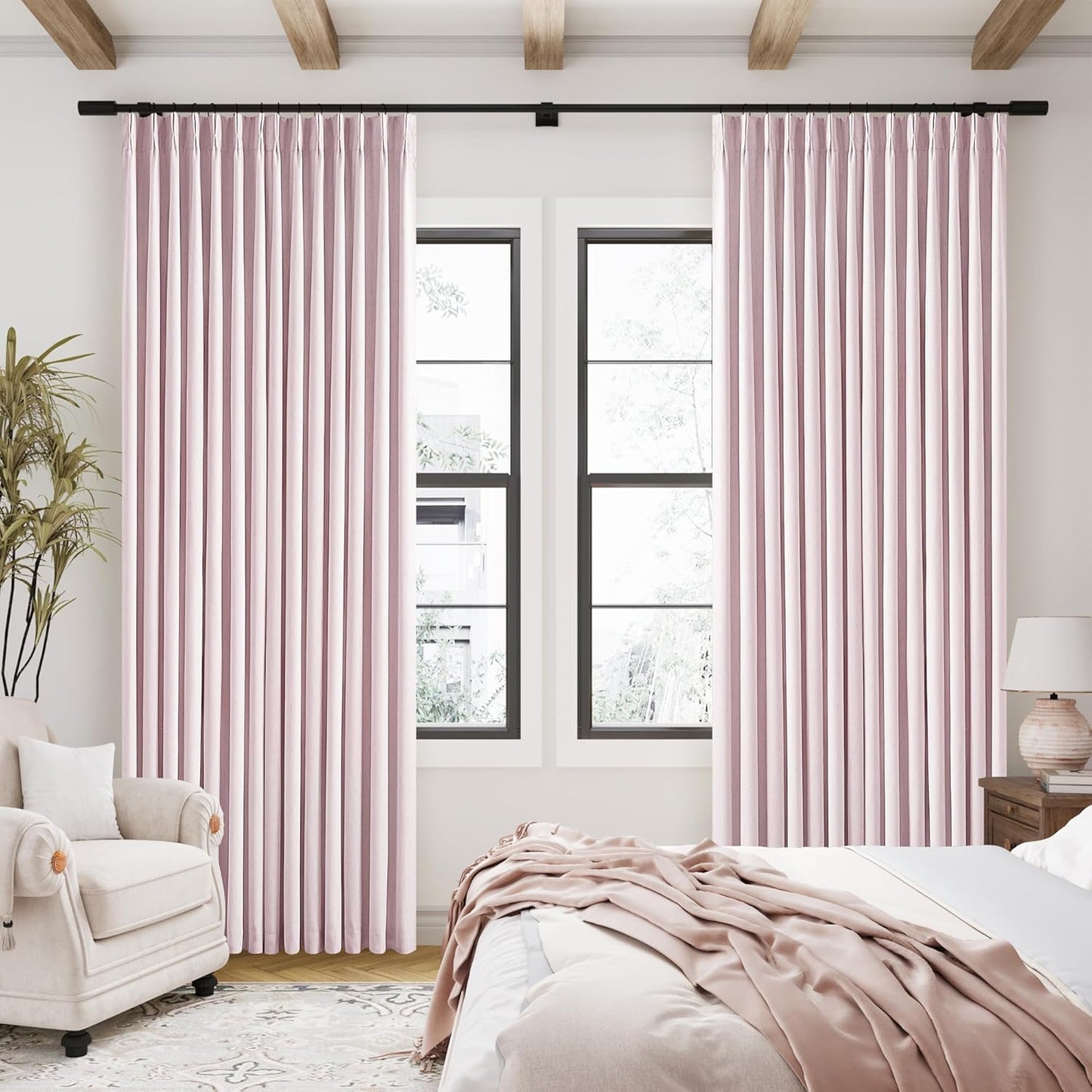 Beige Blackout Cafe Curtains 45 Inch Length 2 Panel Set Pinch Pleated Back Tab Linen Blend Black Out Short Curtains Boho Farmhouse Thermal Insulated Small Window Drapes for Bathroom Kitchen RV