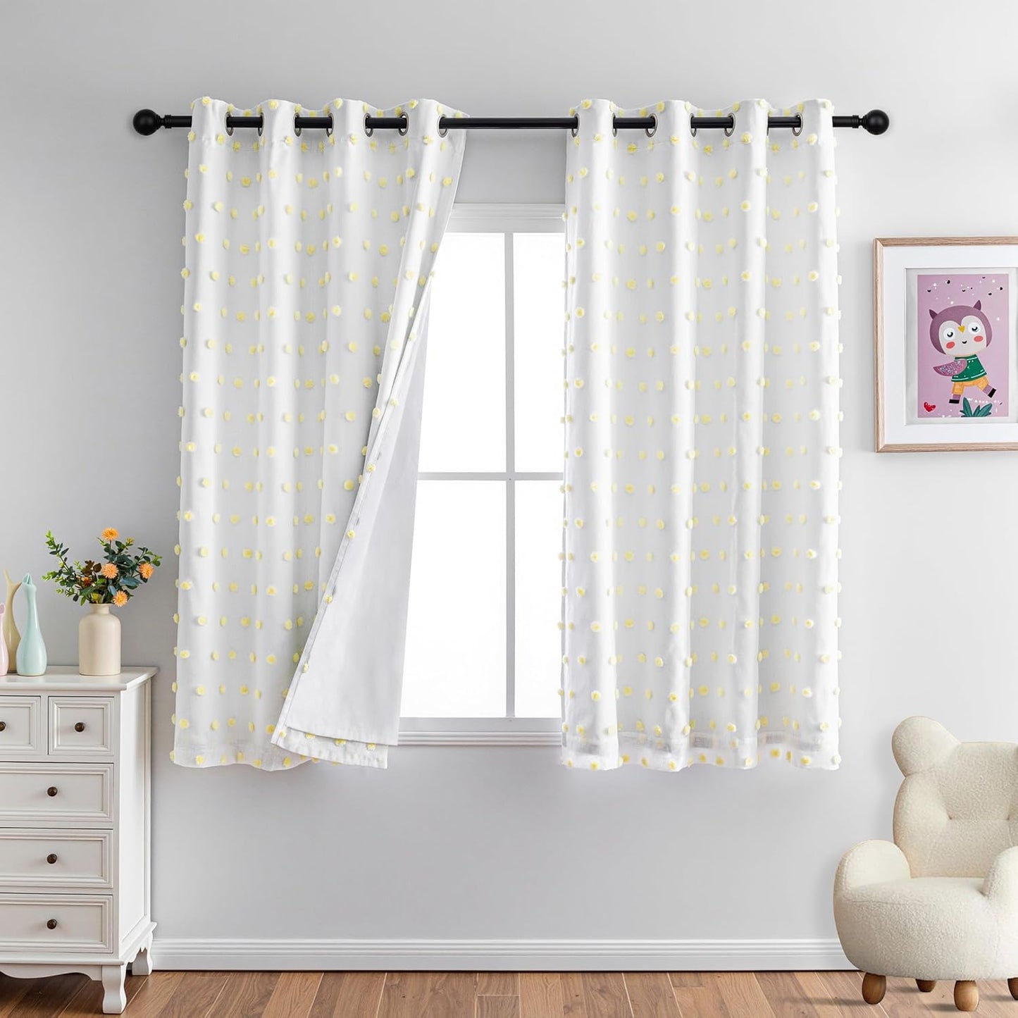MYSKY HOME 100% Blackout Curtains for Nursery Thermal Insulated Pink Pom Pom Curtains 72 Inch Length for Girls Bedroom 2 Panels Grommet White Sheer Curtains for Kitchen Dining Room Door, 52W x 72L