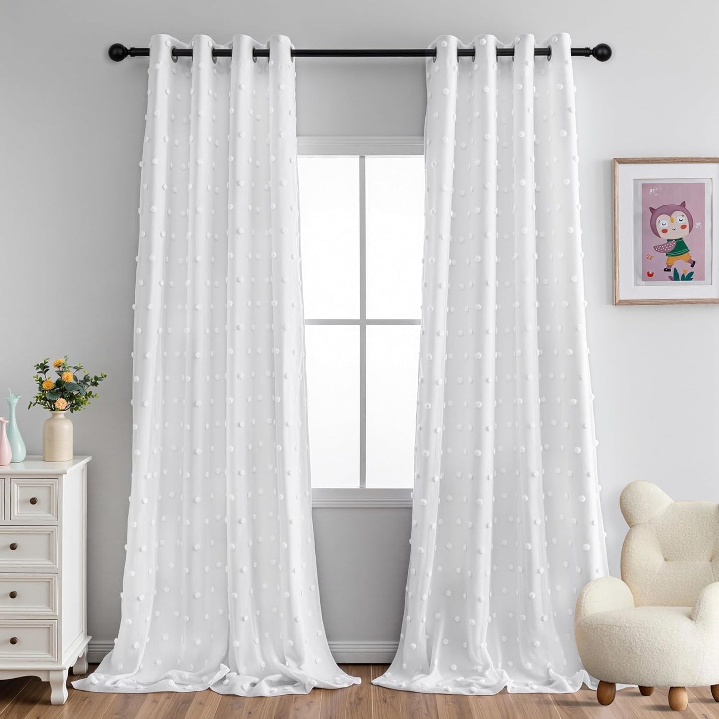 MYSKY HOME 100% Blackout Curtains for Nursery Thermal Insulated Pink Pom Pom Curtains 72 Inch Length for Girls Bedroom 2 Panels Grommet White Sheer Curtains for Kitchen Dining Room Door, 52W x 72L