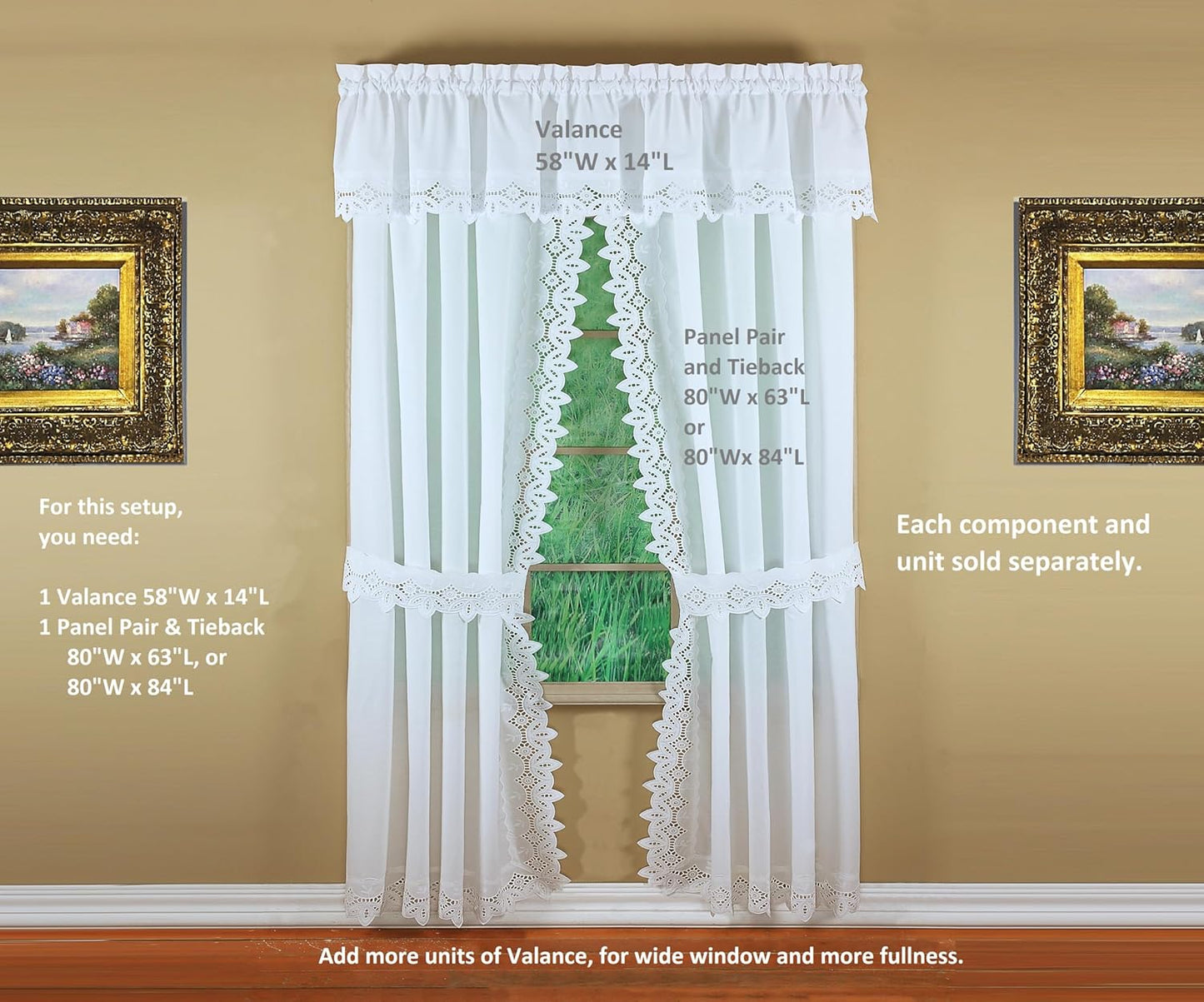 Today's Curtain, Heirloom Battenberg Eyelet Panel Pair 63", White, 4-Piece-Set, 80" W x 63" L