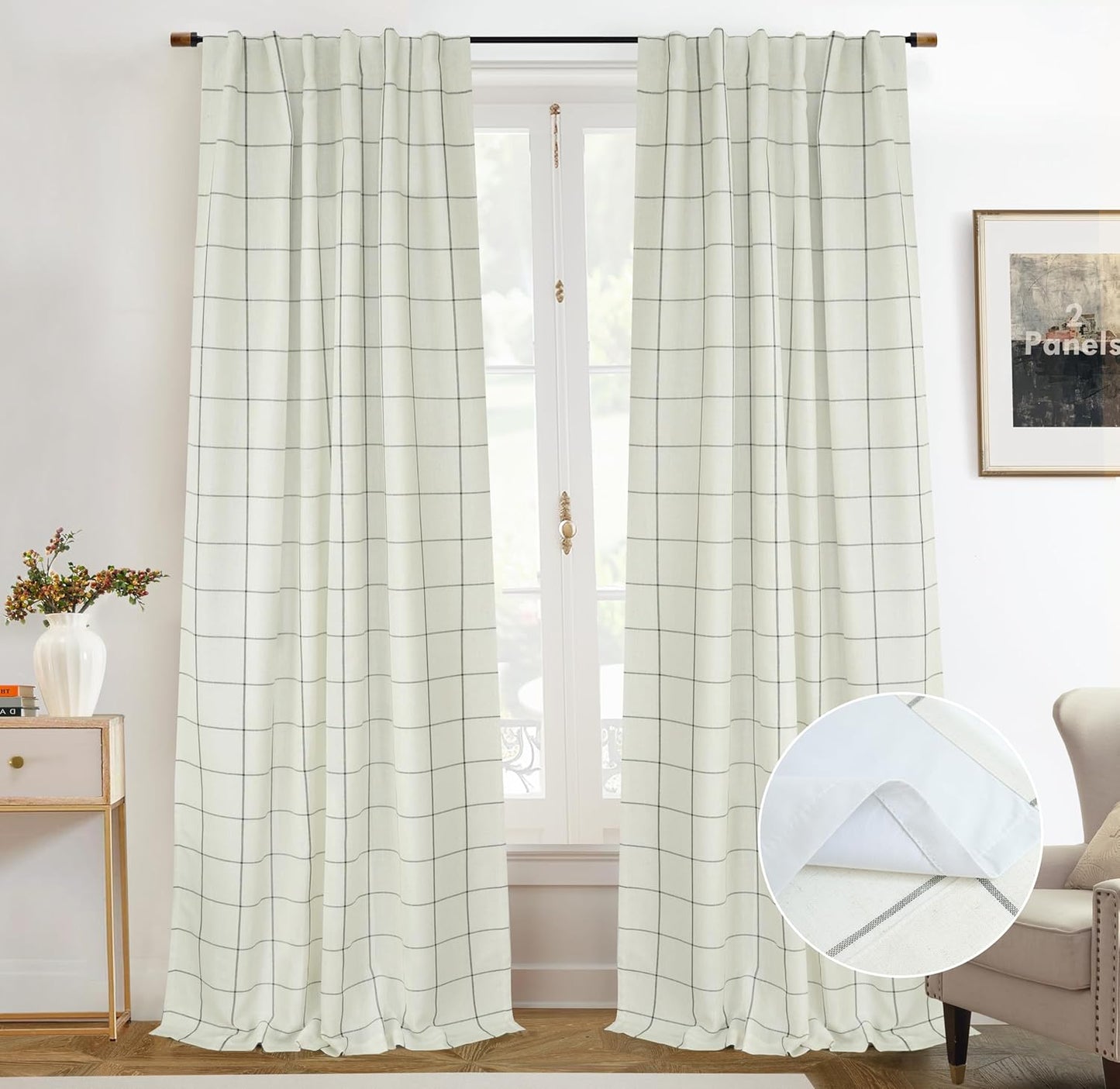 DriftAway 2 Panels 100% Blackout Windowpane Plaid Linen Curtains Double Layer Drapes for Bedroom 90 Inches Long Farmhouse Thermal Insulated 3.25 Inch Rod Pocket Back Tab for Living Room Black
