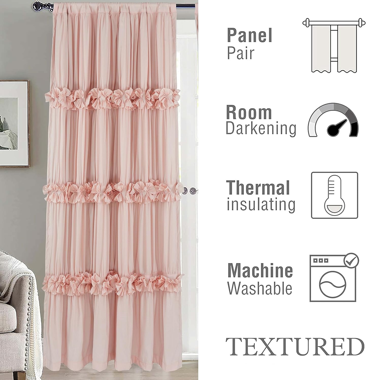 Thermal Insulated Blackout Window Curtains, 54" W x 84" L x 2 Panels, Boho Ruched Window Treatments with 3 Rows of Butterfly Flowers, Rustic Rod Pocket Drapes, Peach Pink (LQ-30)