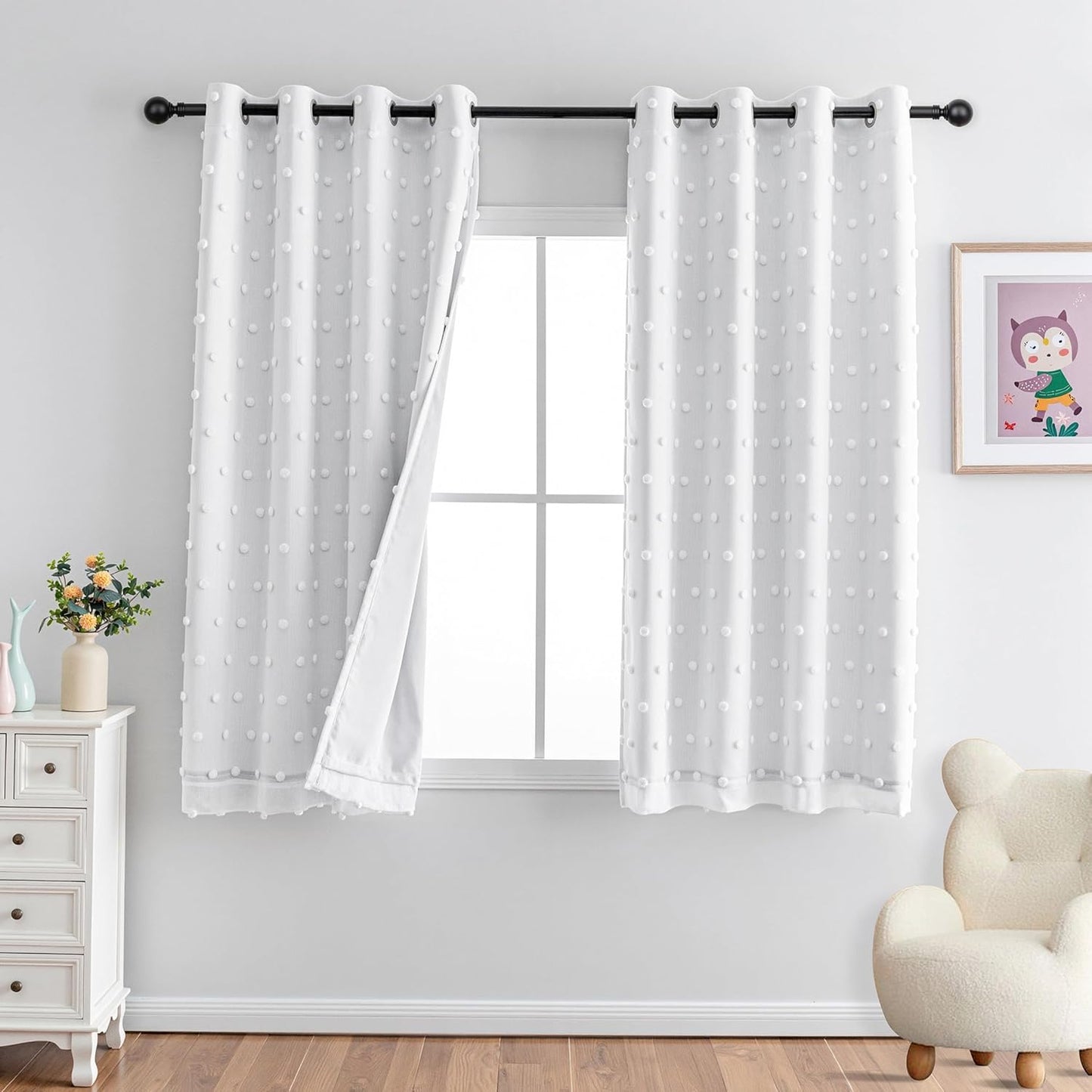 MYSKY HOME 100% Blackout Curtains for Nursery Thermal Insulated Pink Pom Pom Curtains 72 Inch Length for Girls Bedroom 2 Panels Grommet White Sheer Curtains for Kitchen Dining Room Door, 52W x 72L