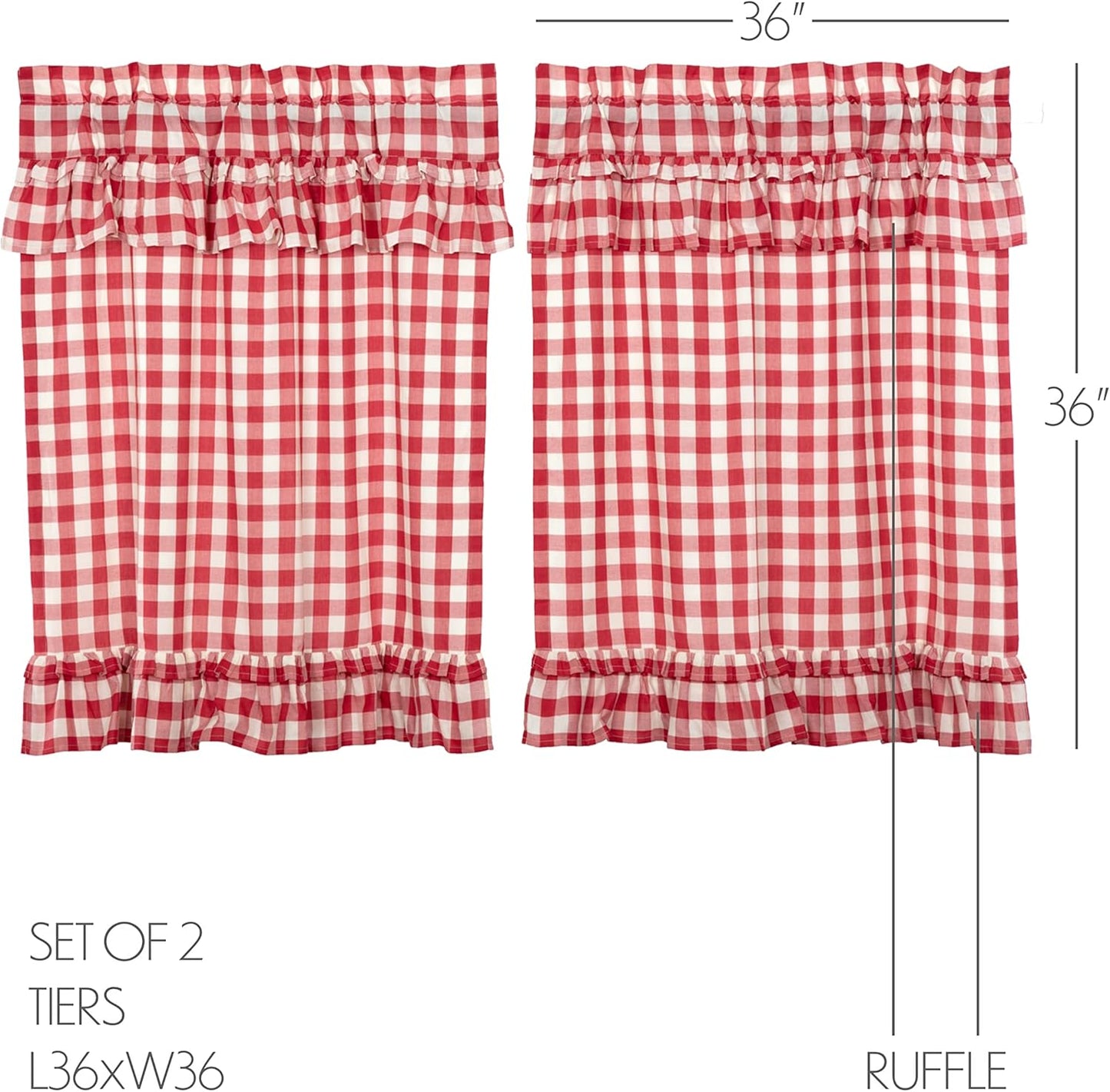 VHC Brands Annie Buffalo Check Cotton Farmhouse Kitchen Curtains Rod Pocket Hanging Loops Ruffling 36x36 Tier Pair, Red Country