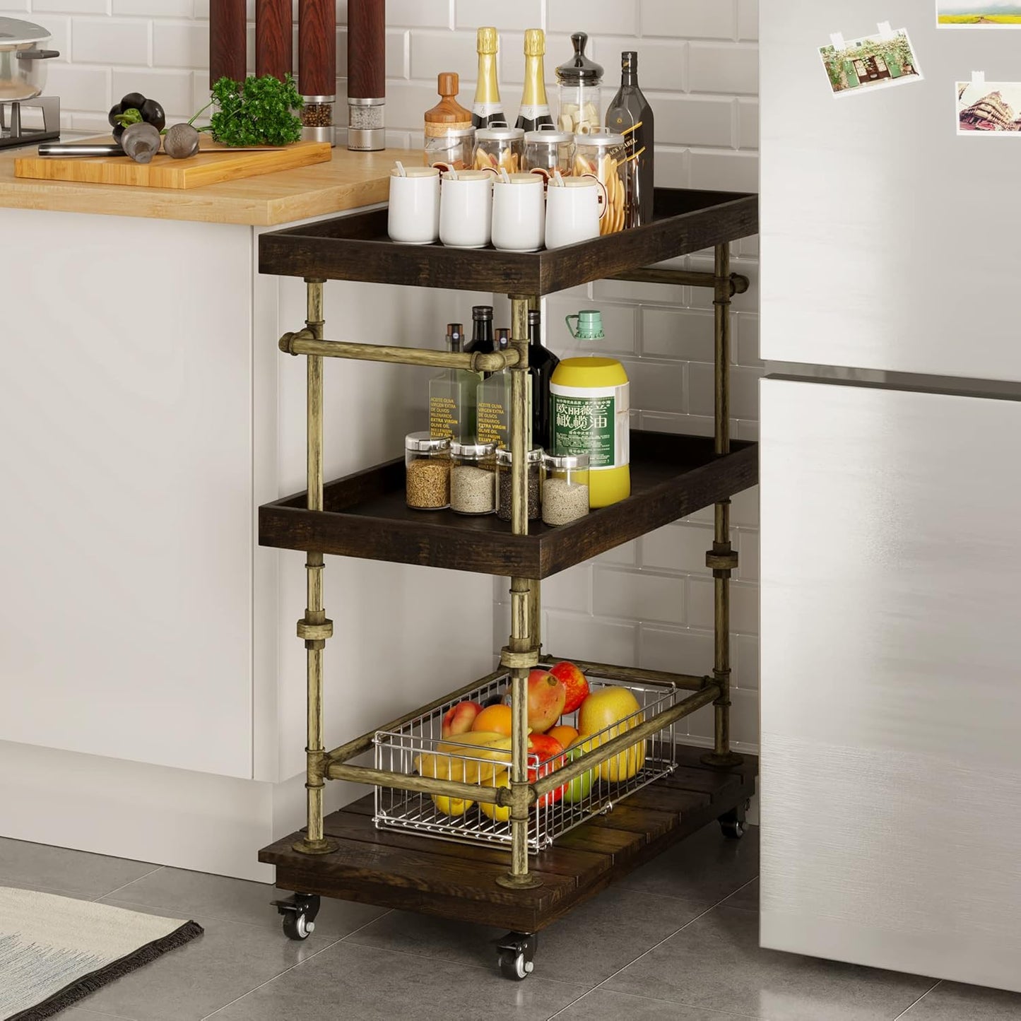 Industrial Bar Cart, 3-Tier Serving Cart Creates with Solid Wood and Metal Pipe Frame, Rustic Style Wide Bar Cart Wine Rack with Wheels (3-Tier)
