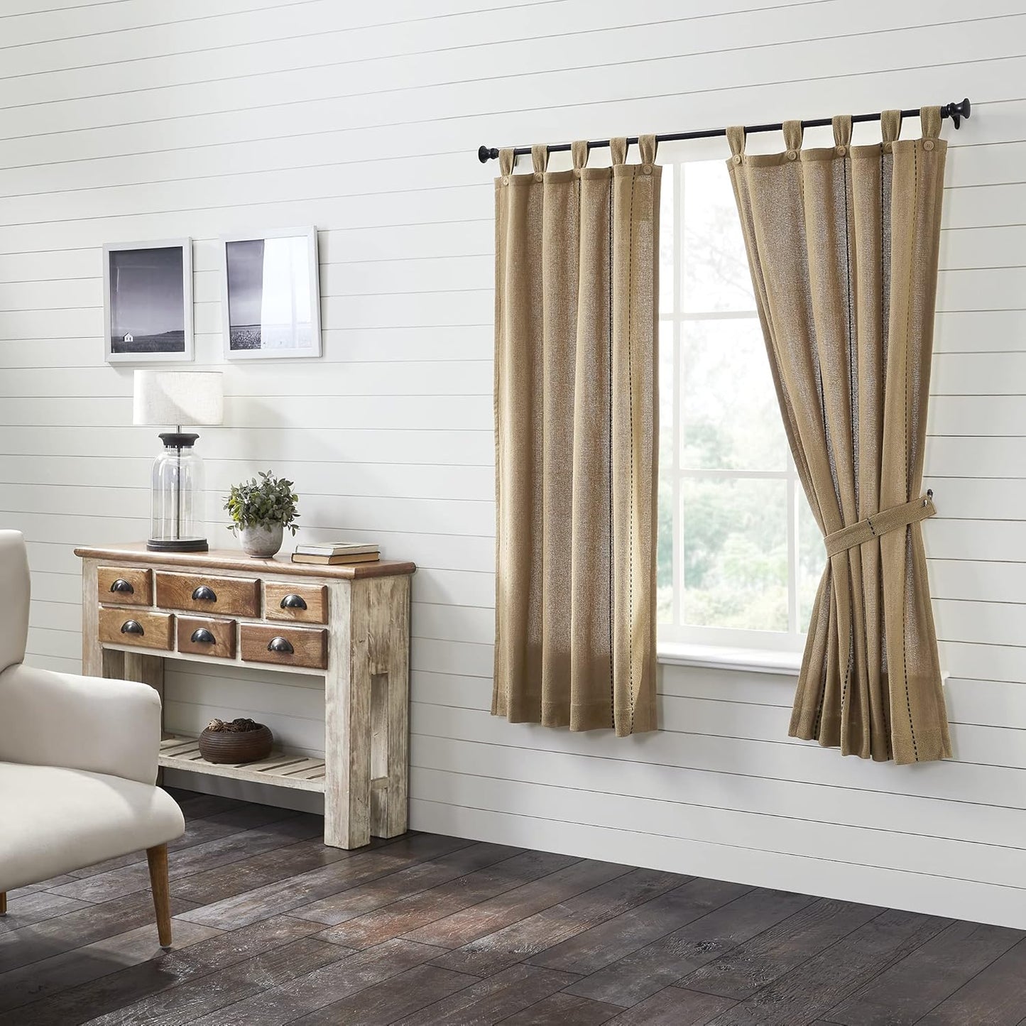 VHC Brands Black Check Scalloped Short Panel Set of 2 63x36 Country Curtains, Black and Tan
