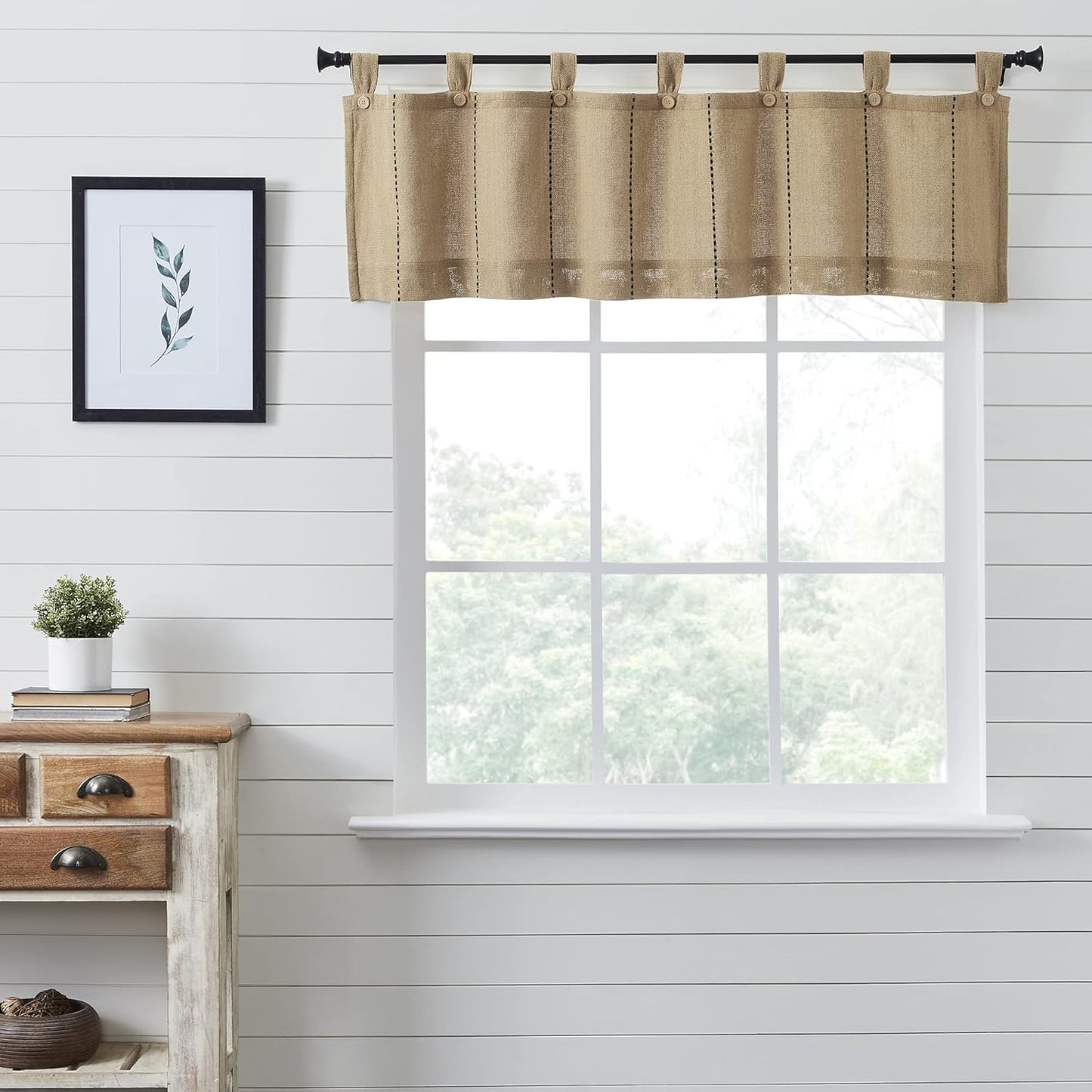VHC Brands Black Check Scalloped Short Panel Set of 2 63x36 Country Curtains, Black and Tan
