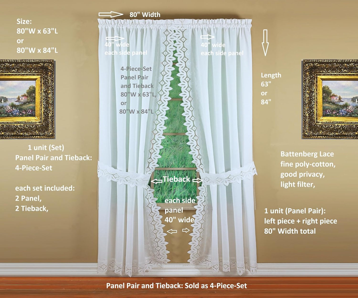 Today's Curtain, Heirloom Battenberg Eyelet Panel Pair 63", White, 4-Piece-Set, 80" W x 63" L