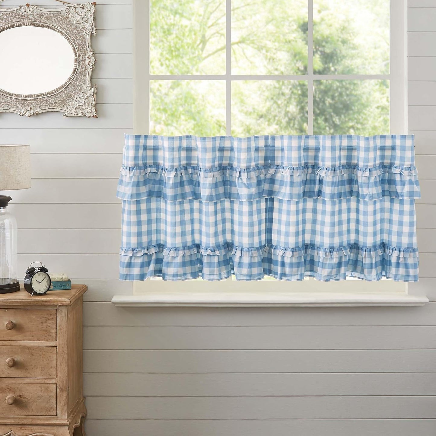 VHC Brands Annie Buffalo Check Cotton Farmhouse Kitchen Curtains Rod Pocket Hanging Loops Ruffling 36x36 Tier Pair, Red Country