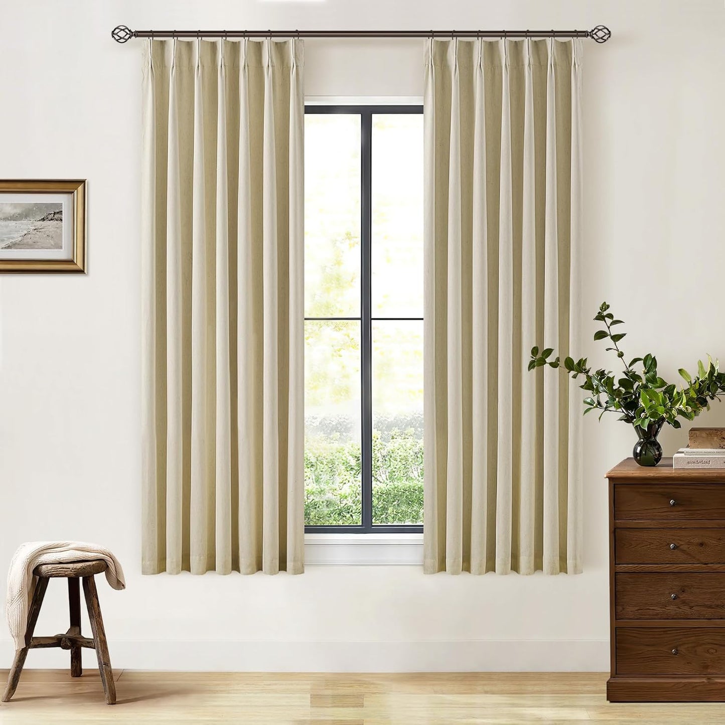Beige Blackout Cafe Curtains 45 Inch Length 2 Panel Set Pinch Pleated Back Tab Linen Blend Black Out Short Curtains Boho Farmhouse Thermal Insulated Small Window Drapes for Bathroom Kitchen RV