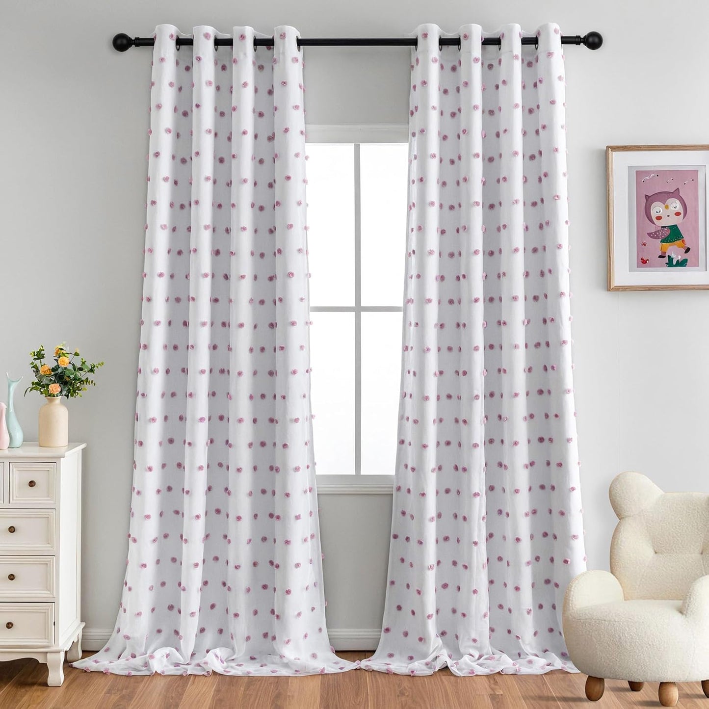 MYSKY HOME 100% Blackout Curtains for Nursery Thermal Insulated Pink Pom Pom Curtains 72 Inch Length for Girls Bedroom 2 Panels Grommet White Sheer Curtains for Kitchen Dining Room Door, 52W x 72L