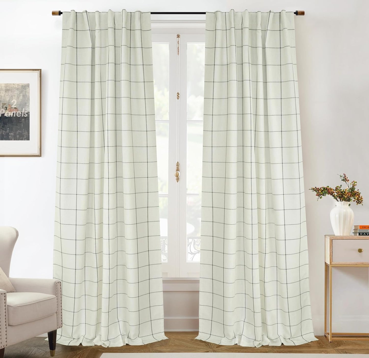 DriftAway 2 Panels 100% Blackout Windowpane Plaid Linen Curtains Double Layer Drapes for Bedroom 90 Inches Long Farmhouse Thermal Insulated 3.25 Inch Rod Pocket Back Tab for Living Room Black