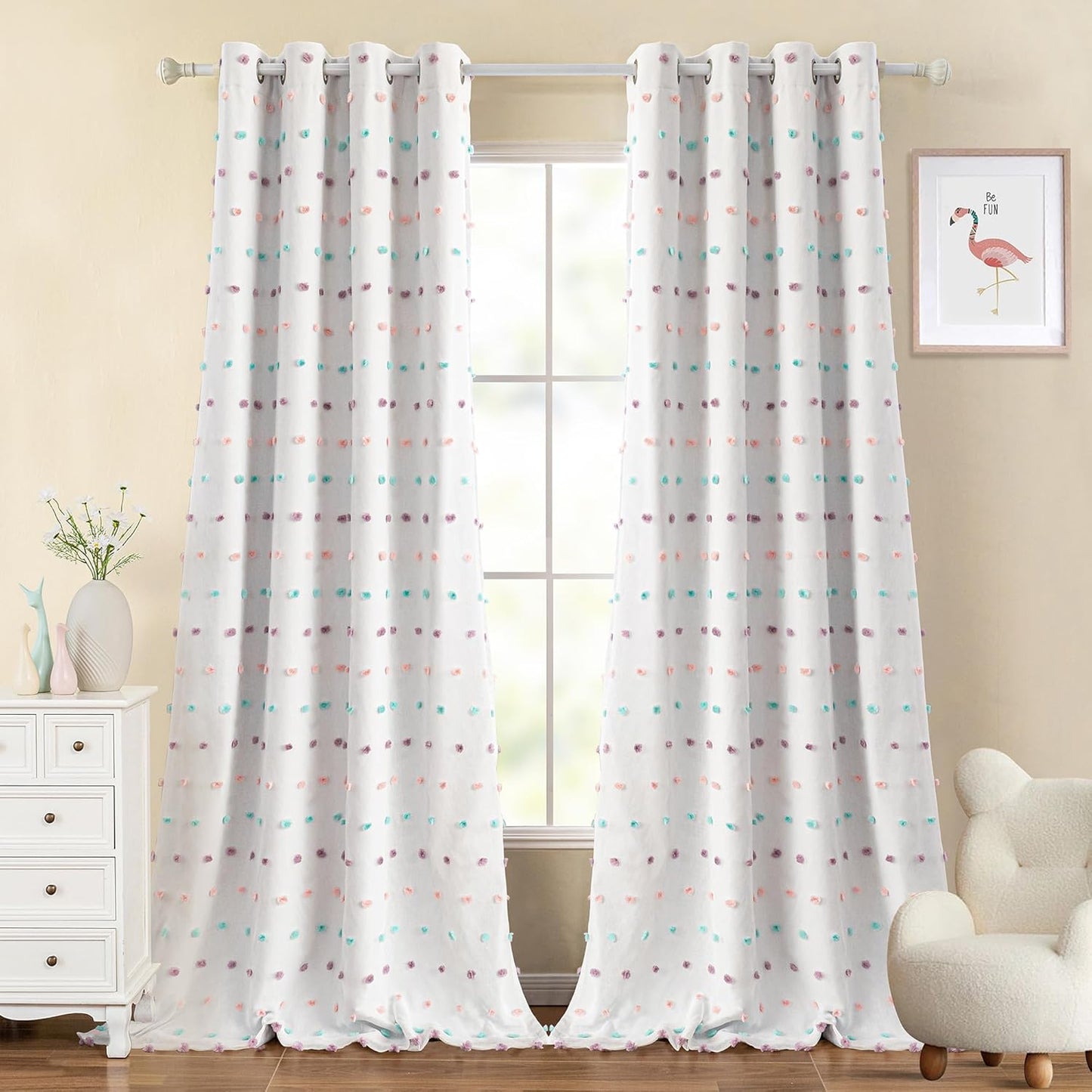 MYSKY HOME 100% Blackout Curtains for Nursery Thermal Insulated Pink Pom Pom Curtains 72 Inch Length for Girls Bedroom 2 Panels Grommet White Sheer Curtains for Kitchen Dining Room Door, 52W x 72L