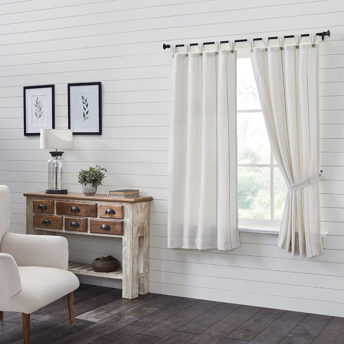 VHC Brands Black Check Scalloped Short Panel Set of 2 63x36 Country Curtains, Black and Tan
