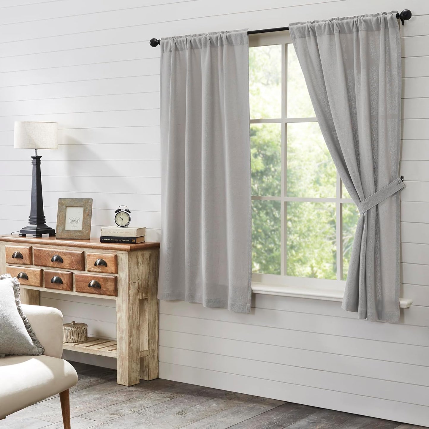 VHC Brands Black Check Scalloped Short Panel Set of 2 63x36 Country Curtains, Black and Tan
