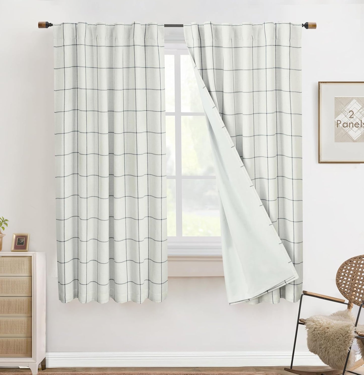 DriftAway 2 Panels 100% Blackout Windowpane Plaid Linen Curtains Double Layer Drapes for Bedroom 90 Inches Long Farmhouse Thermal Insulated 3.25 Inch Rod Pocket Back Tab for Living Room Black