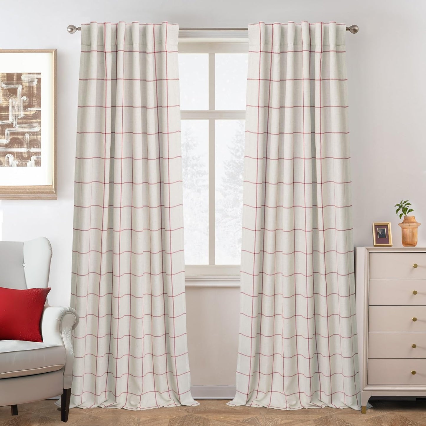 DriftAway 2 Panels 100% Blackout Windowpane Plaid Linen Curtains Double Layer Drapes for Bedroom 90 Inches Long Farmhouse Thermal Insulated 3.25 Inch Rod Pocket Back Tab for Living Room Black