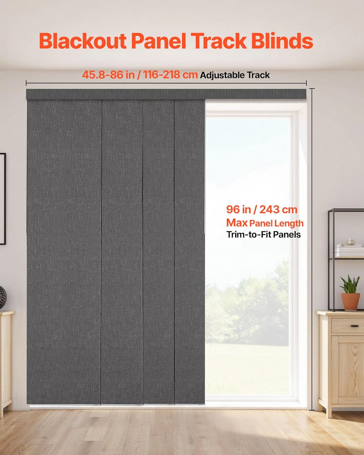 VEVOR Panel Track Blinds, Extendable Track from 45.8 in to 86 in W, Trimmable Panel Curtains Up to 96 in H, Vertical Blackout Panel Blinds for Sliding Doors, Patio Doors, Room Divider, Dark Gray