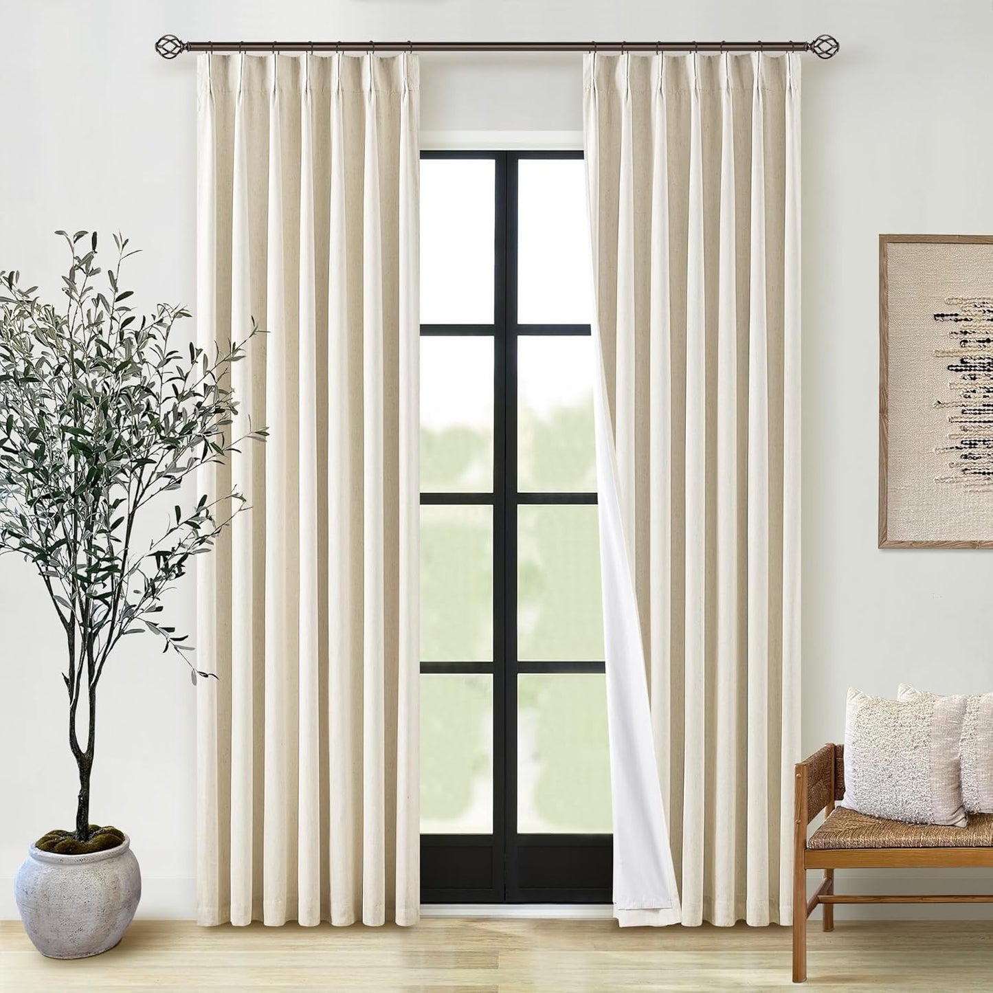 Beige Blackout Cafe Curtains 45 Inch Length 2 Panel Set Pinch Pleated Back Tab Linen Blend Black Out Short Curtains Boho Farmhouse Thermal Insulated Small Window Drapes for Bathroom Kitchen RV