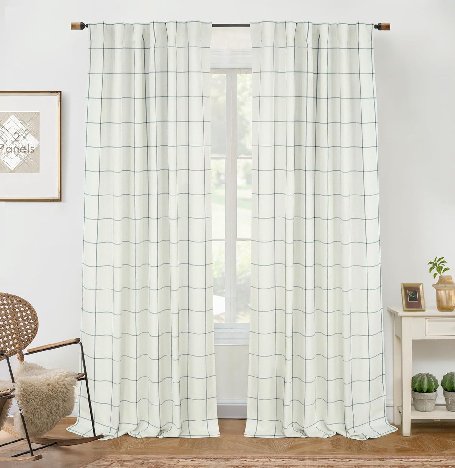 DriftAway 2 Panels 100% Blackout Windowpane Plaid Linen Curtains Double Layer Drapes for Bedroom 90 Inches Long Farmhouse Thermal Insulated 3.25 Inch Rod Pocket Back Tab for Living Room Black