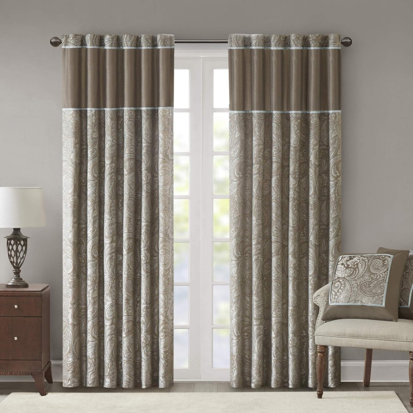 Madison Park Aubrey 2 Panel Curtain Faux Silk Paisley Jacquard, Rod Pocket Curtain For Living Room, Kitchen, Room Darkening Window Drape for Bedroom and Dorm, 2-PK 50x84", Navy