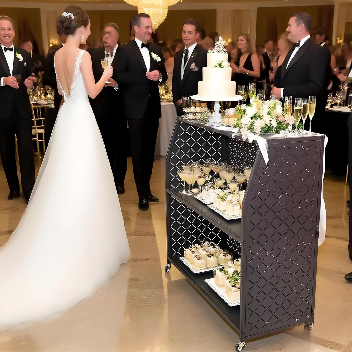 Portable Bar Table, 3-Tier Bar Cart with Wheels, Mobile Bartending Station for Events, Indoor and Outdoor, for Home、Party 、Wedding, Easy to Install