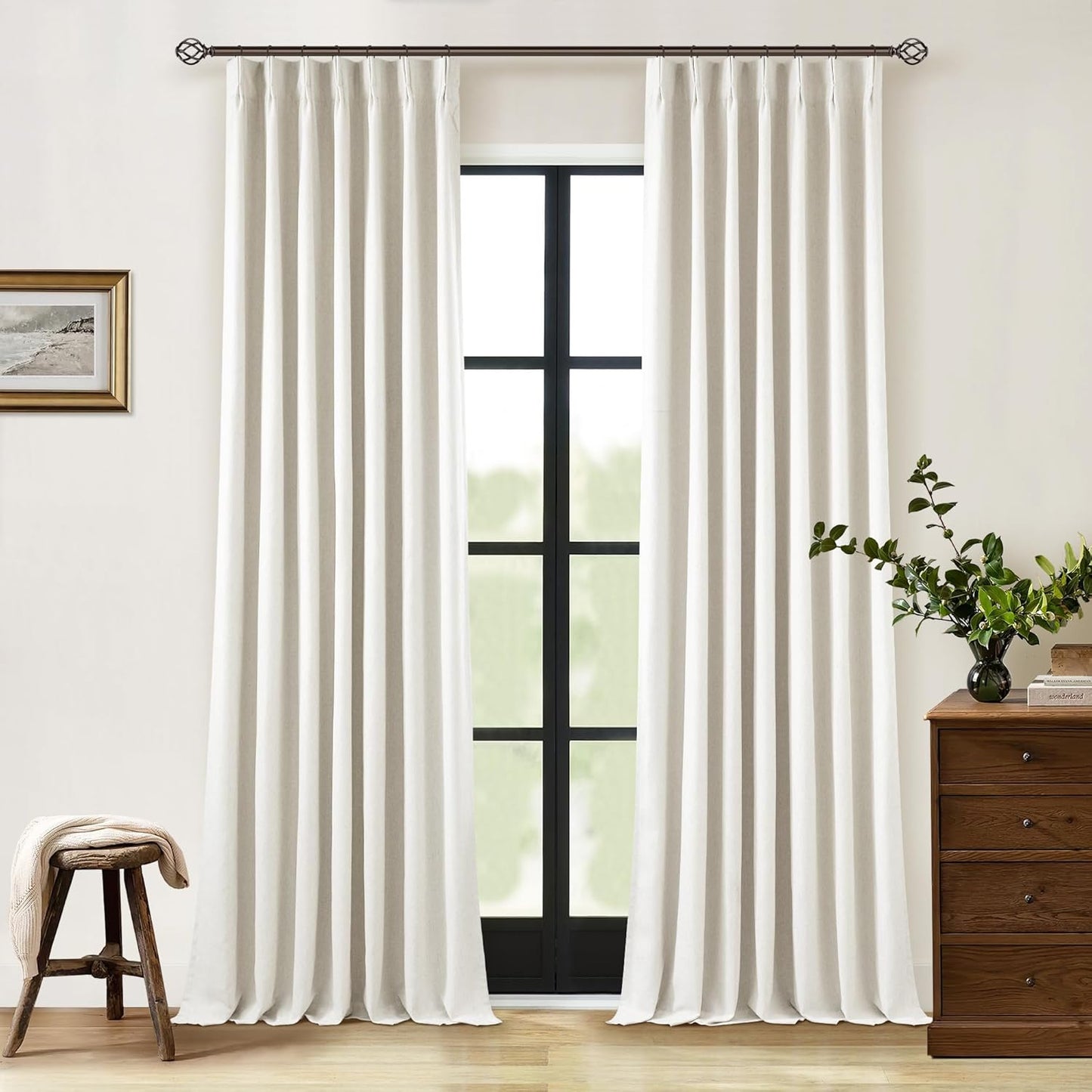 Beige Blackout Cafe Curtains 45 Inch Length 2 Panel Set Pinch Pleated Back Tab Linen Blend Black Out Short Curtains Boho Farmhouse Thermal Insulated Small Window Drapes for Bathroom Kitchen RV