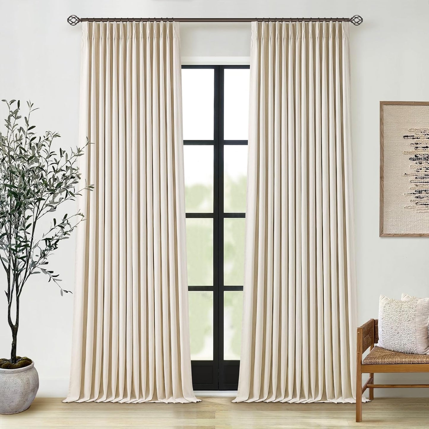 Beige Blackout Cafe Curtains 45 Inch Length 2 Panel Set Pinch Pleated Back Tab Linen Blend Black Out Short Curtains Boho Farmhouse Thermal Insulated Small Window Drapes for Bathroom Kitchen RV