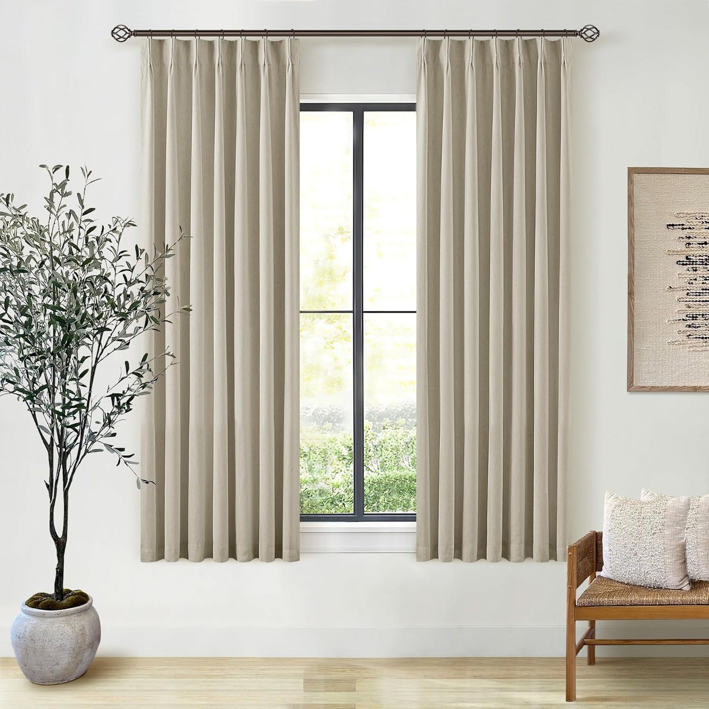 Beige Blackout Cafe Curtains 45 Inch Length 2 Panel Set Pinch Pleated Back Tab Linen Blend Black Out Short Curtains Boho Farmhouse Thermal Insulated Small Window Drapes for Bathroom Kitchen RV