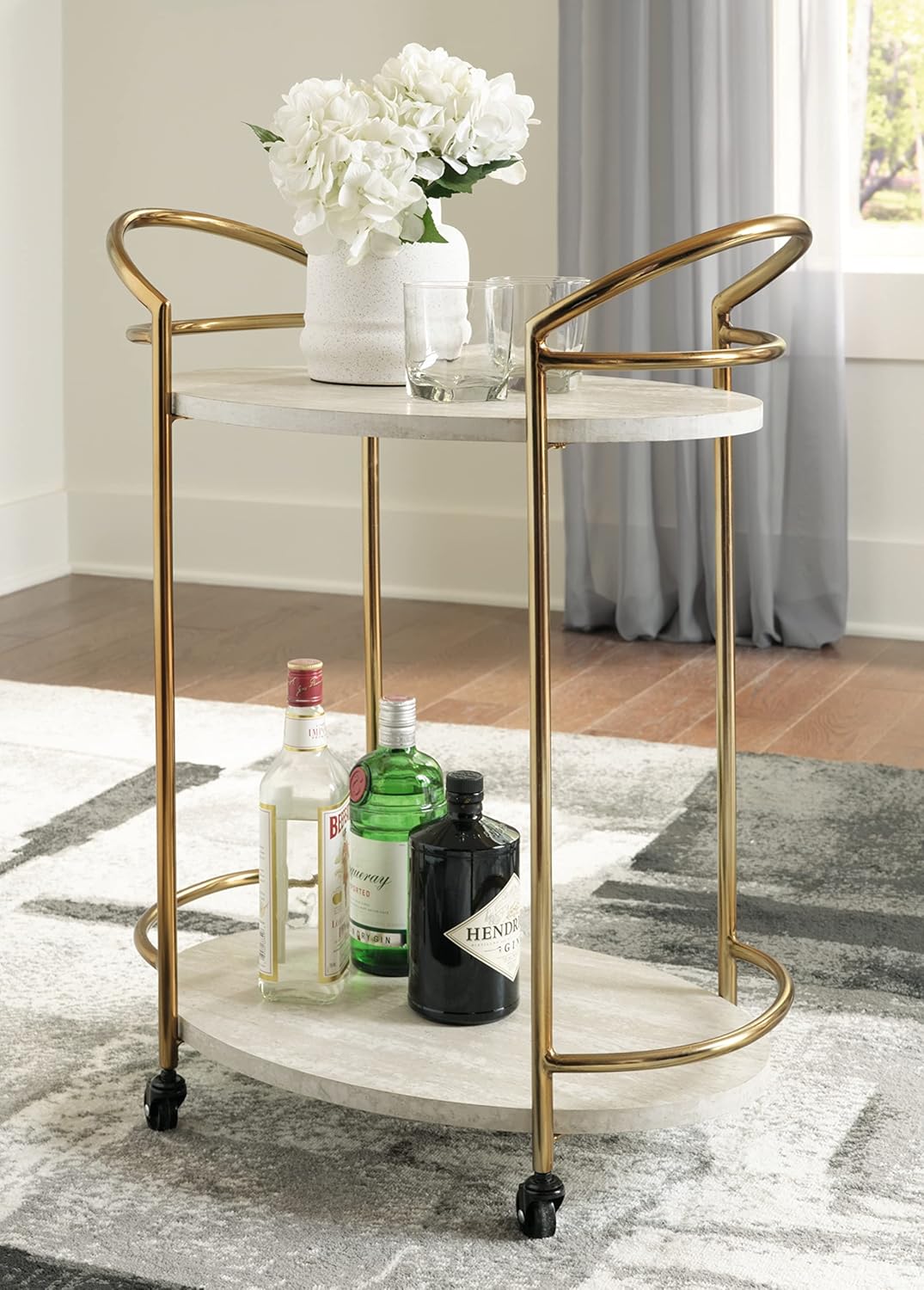Signature Design by Ashley Tarica Modern Bar Cart with 2 Shelves, Cream & Gold Finish