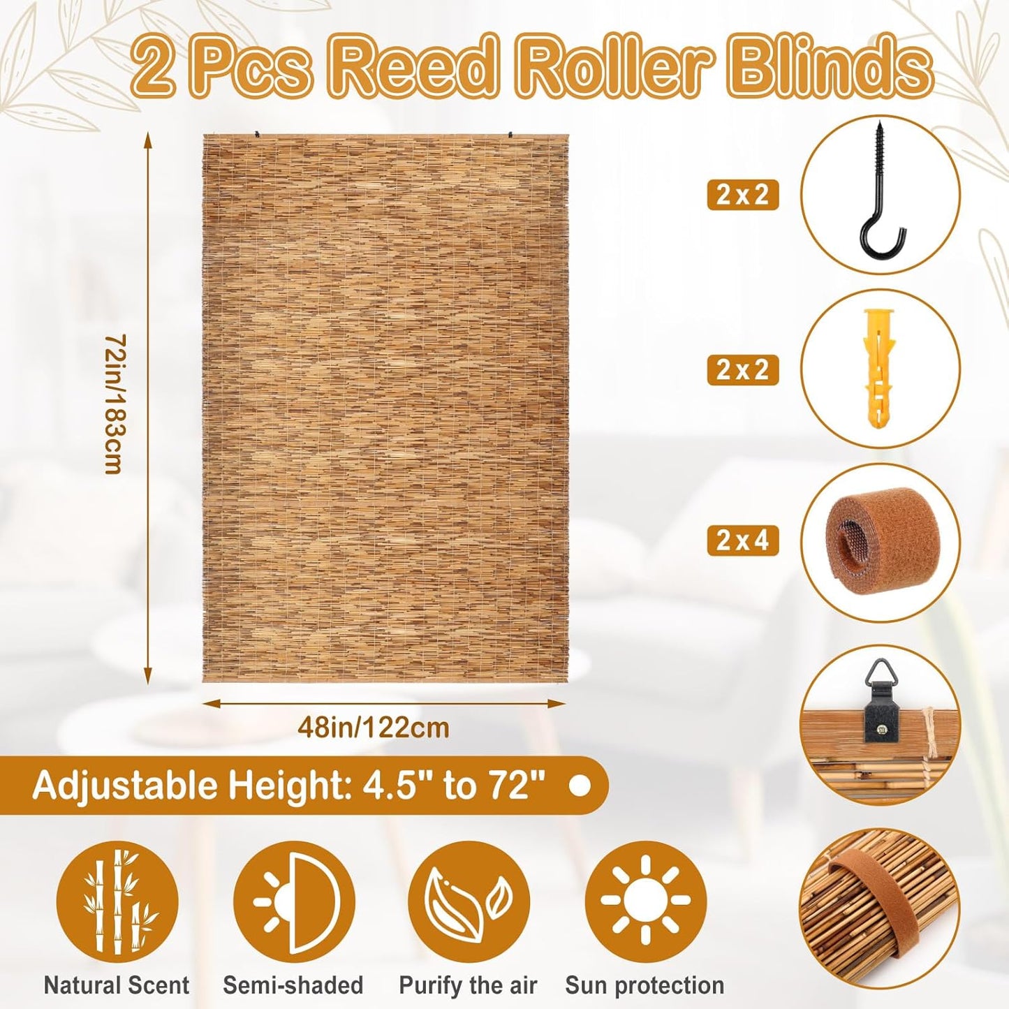 2 Pcs Bamboo Shades Outdoor Reed Roll Up Blinds 48" W x 72" H Blackout Sunshade Cordless Bamboo Blinds for Home Porch, Patio & Windows Decor Shutters Sunlight Privacy Screen