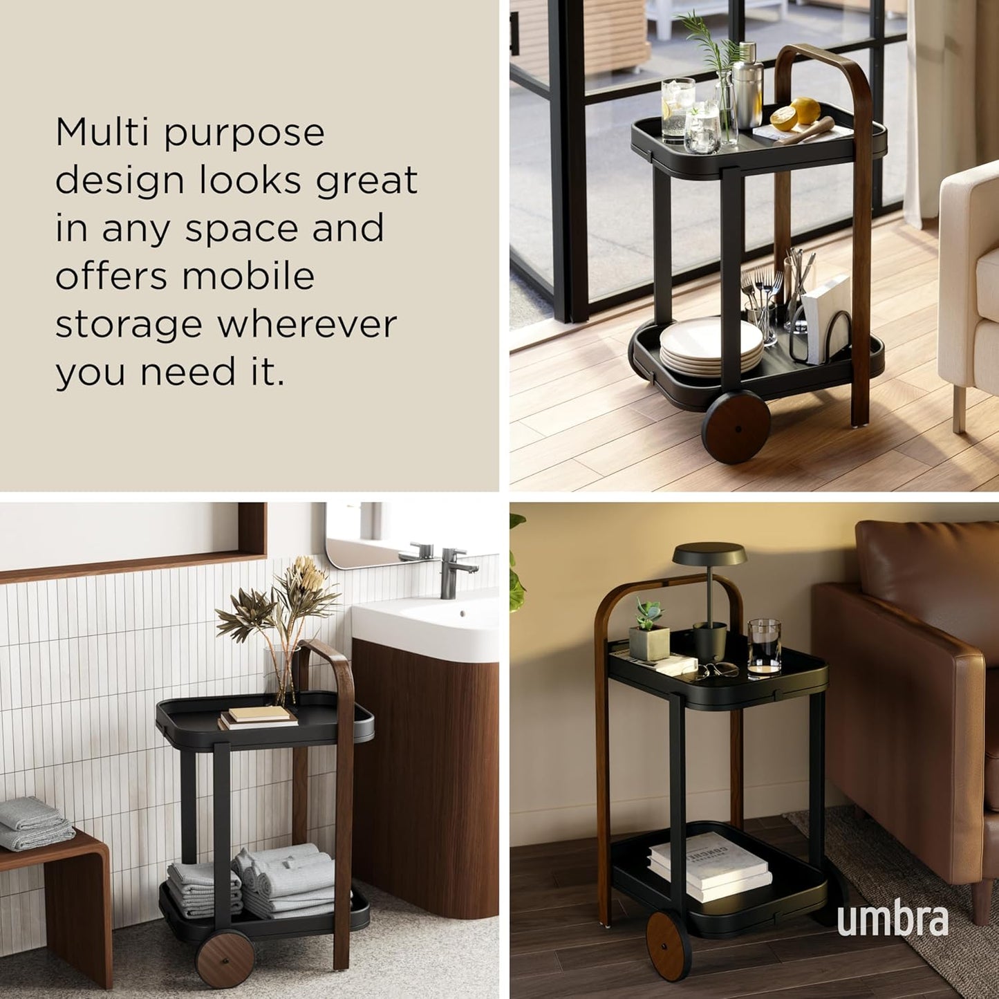 Umbra Bellwood Bar Cart, Serving Trolley, Side Table, Walnut/Black