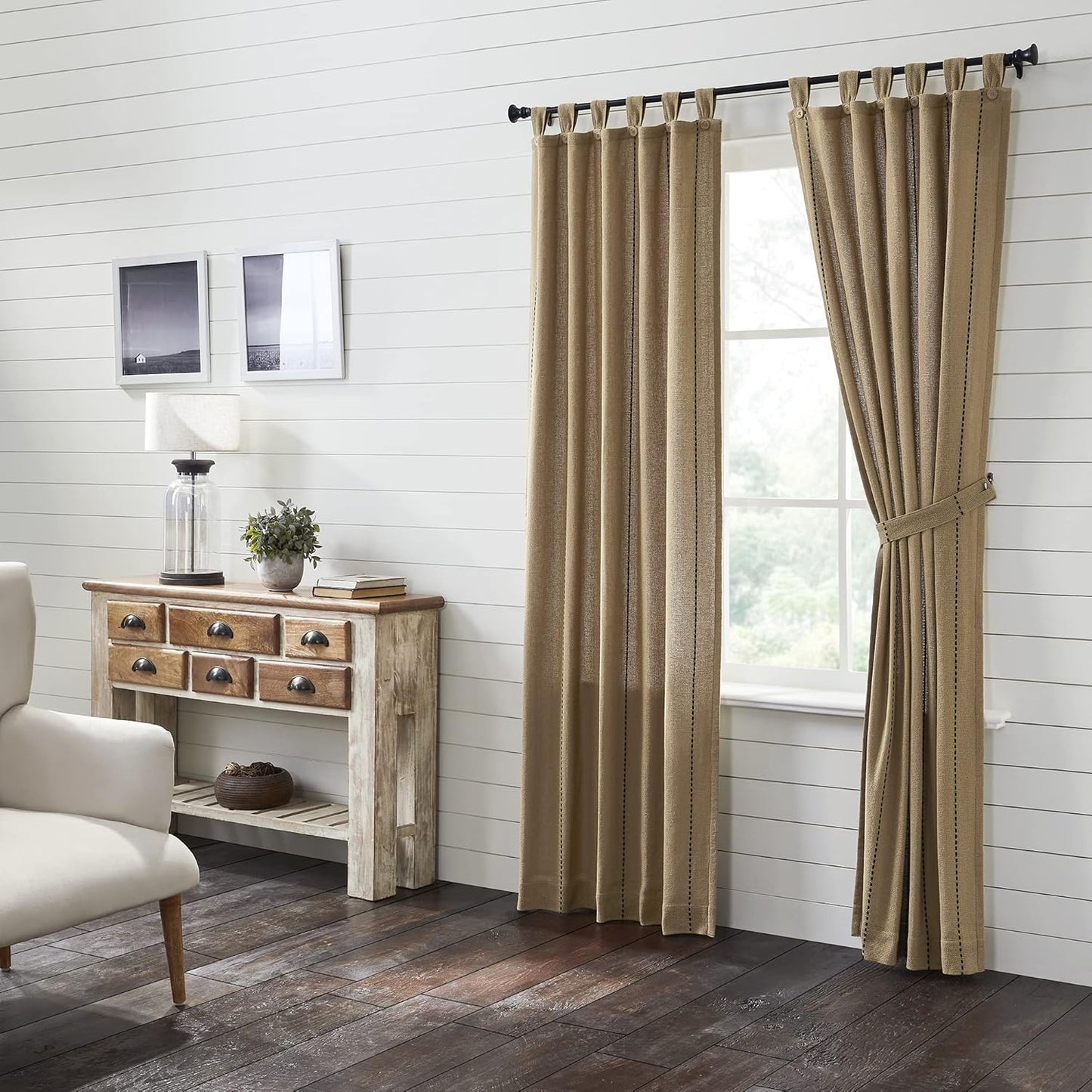 VHC Brands Black Check Scalloped Short Panel Set of 2 63x36 Country Curtains, Black and Tan